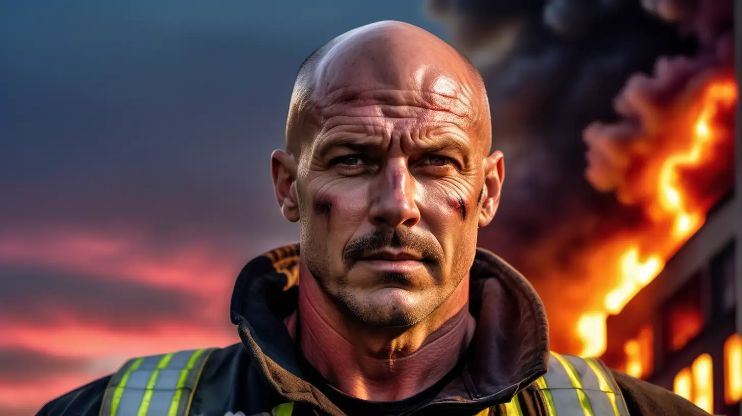 Portrait of a handsome, mid age firefighter, with facial hair and scars. Bald and a muscular body. Eye contact and a worried expression on his face. Evening scene, colorful sky and a sky scraper fire in the background. Photo realistic and cinema -like.