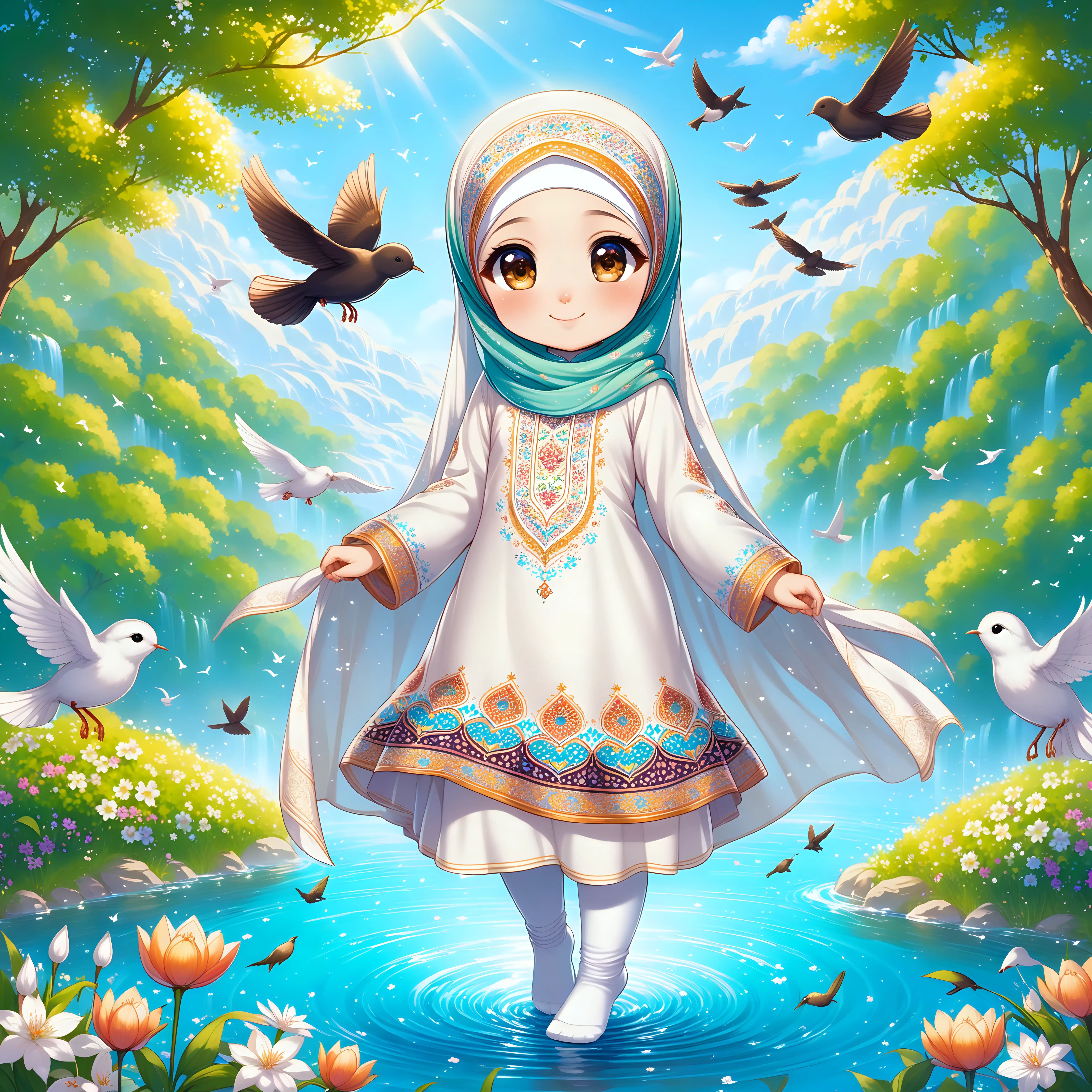 Character Persian little girl(full height, Muslim, with emphasis no hair out of veil(Hijab), smaller eyes, bigger nose, white skin, cute, smiling, wearing socks, clothes full of Persian designs, heavenly girl).

Atmosphere flowing water from the spring with flowers, nightingales and flying birds in spring.