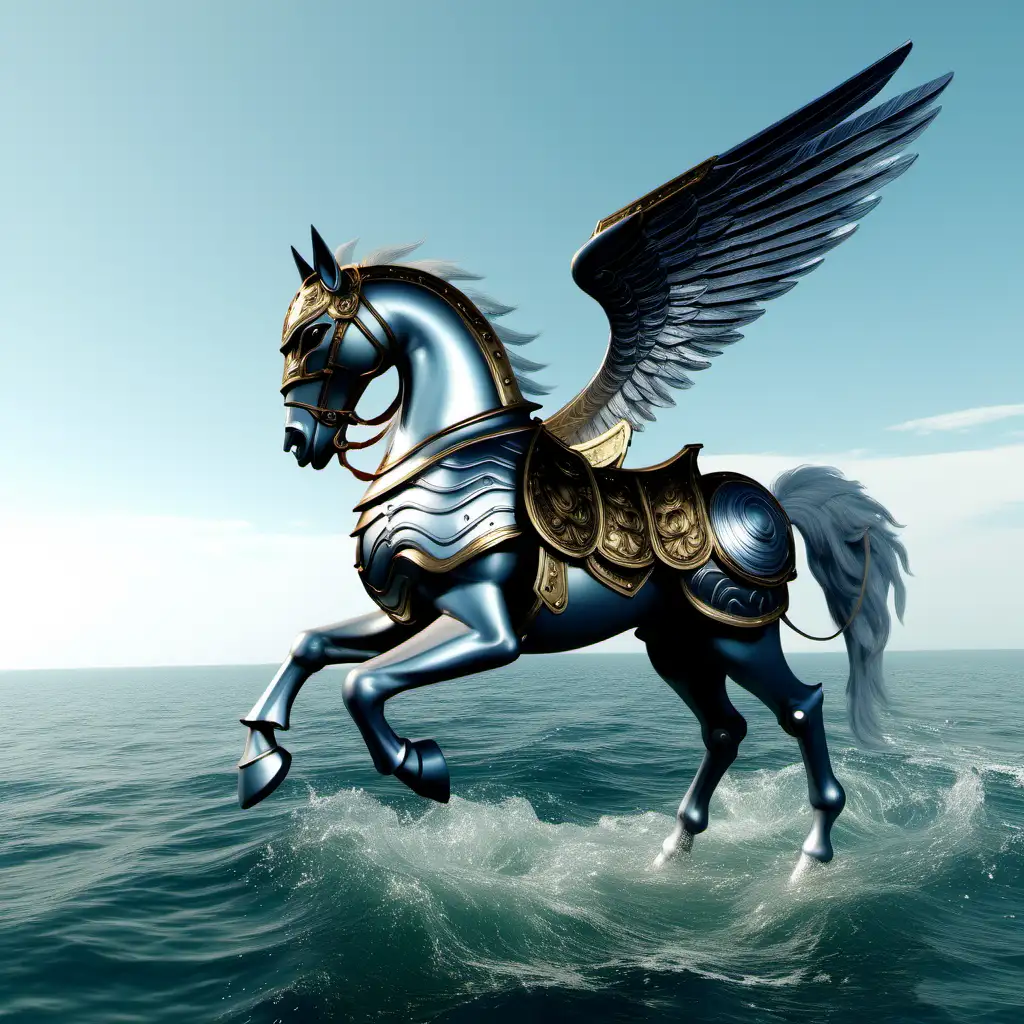 Majestic Pegasus in Armor Soaring Over the Ocean