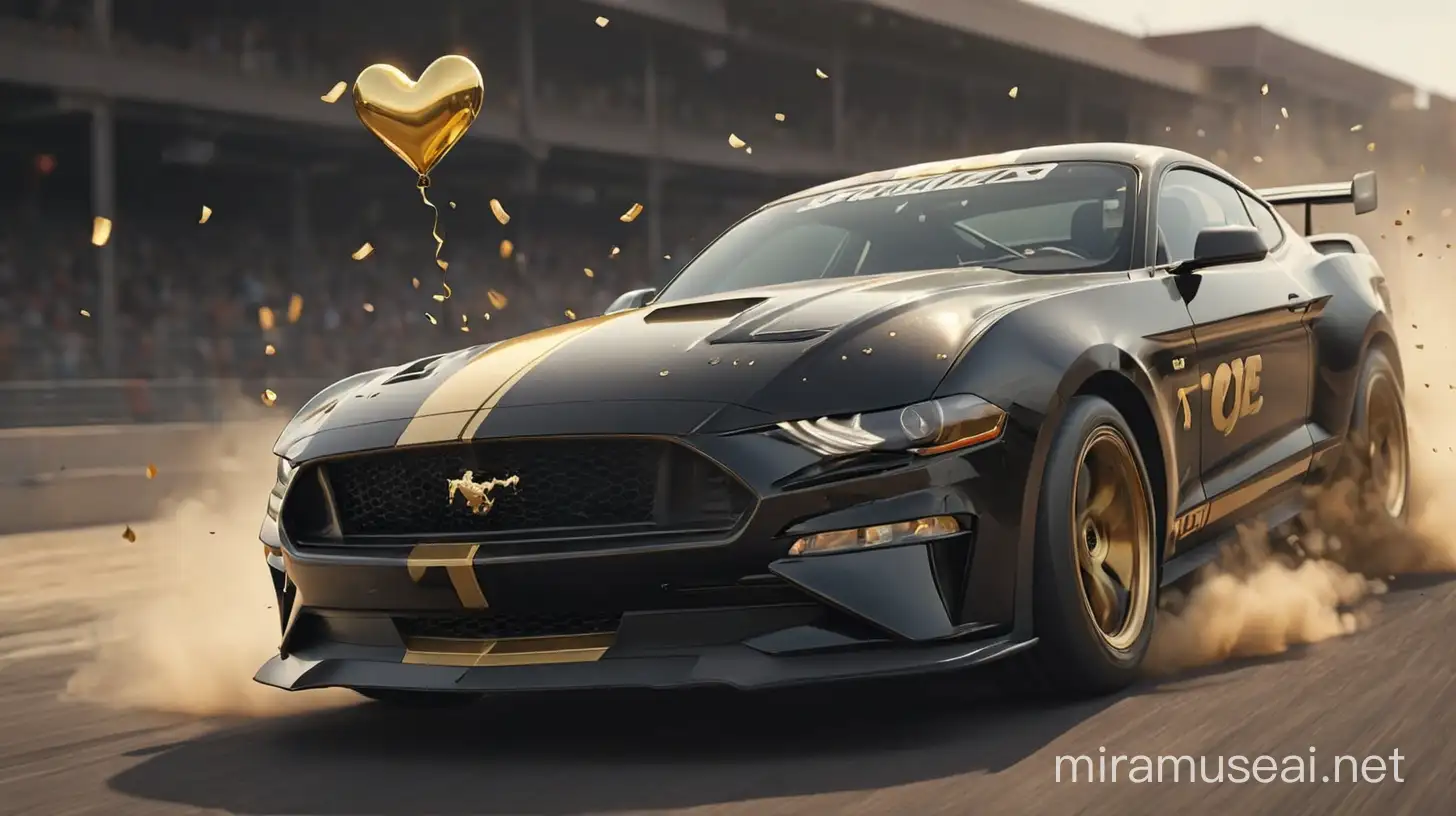 a black mustang racing car with gold love sign floating in the air, in the style of vray, grain, trace monotone, black, installation