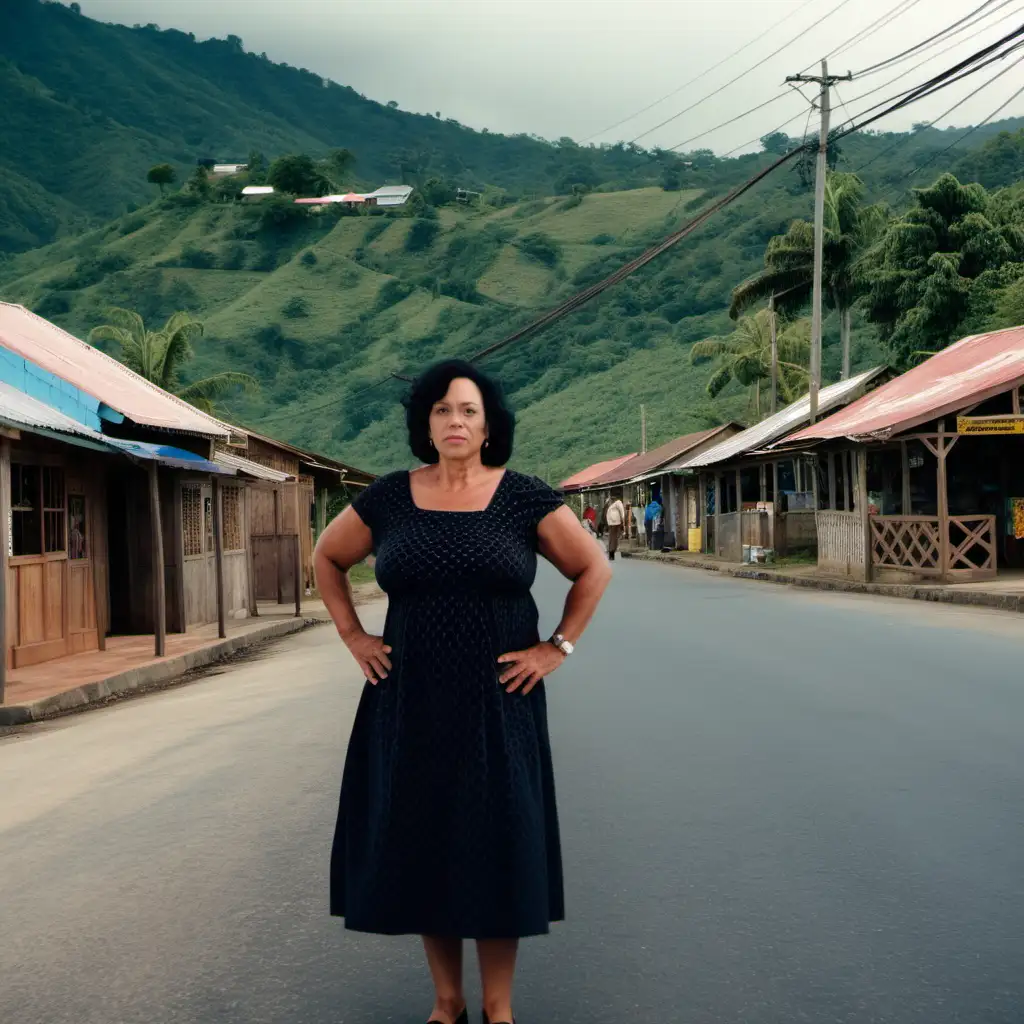 A very light skinned middle aged lady with black hair in a dress standing on the paved road, looking to the hill at a rural  community in Jamaica. There are wooden structures wooden shops around.