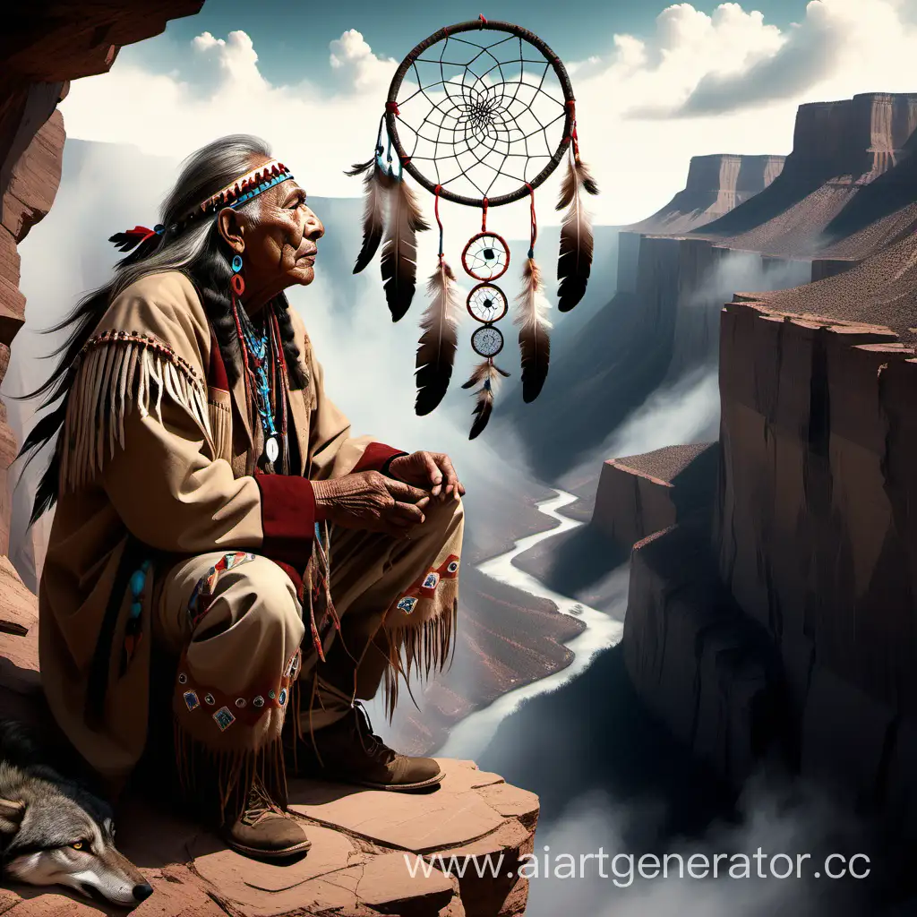 Native-American-Elder-with-Wolf-and-Dream-Catcher-on-Canyon-Cliff