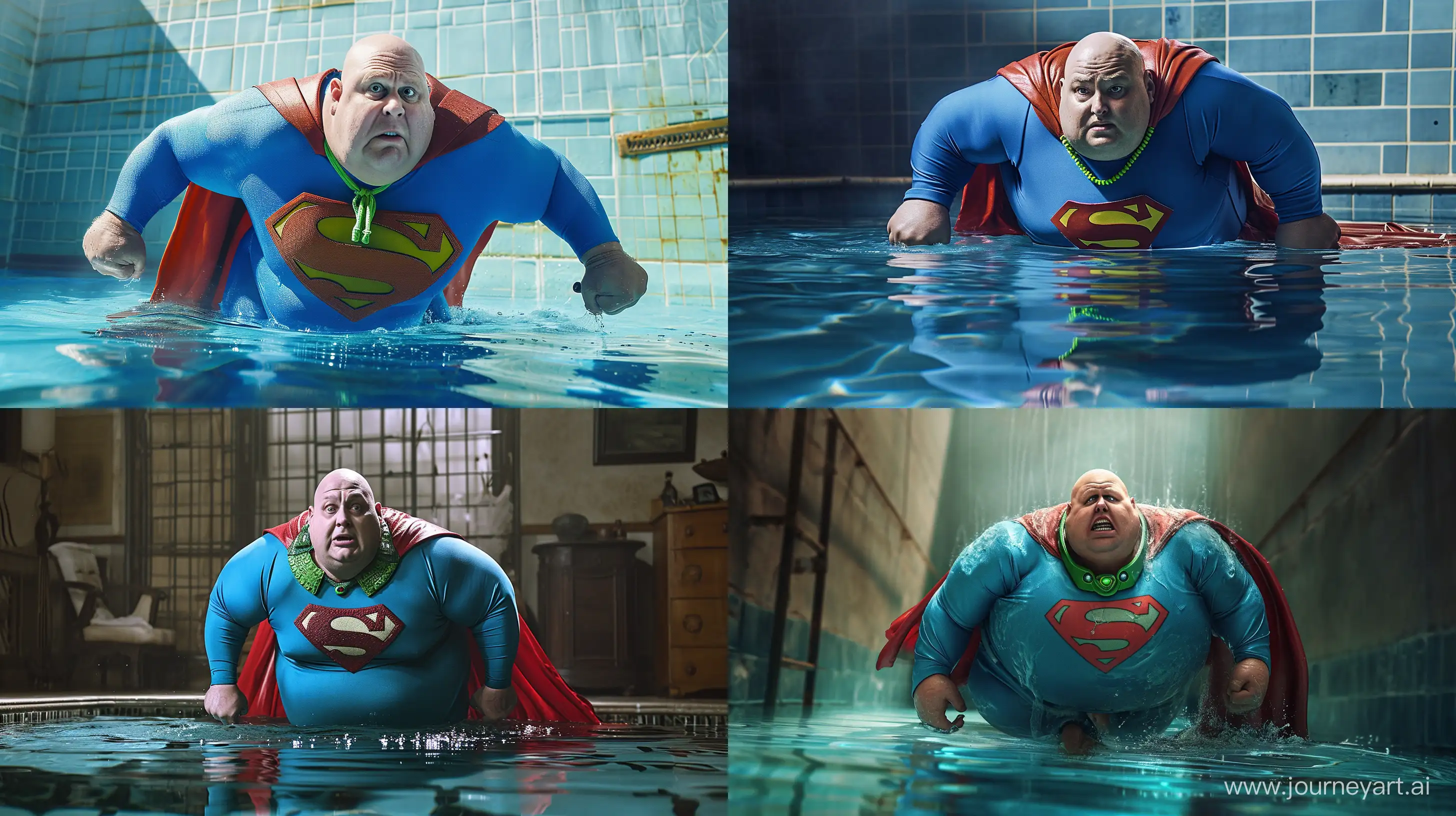 photograph of a man crawling in a pool. He is a chubby man aged 70. He wears a tight bright blue superman costume with a  green nacklace. Big red cape. He has an expression of fear on his face. Clean shaven, bald. --ar 16:9 --v 6