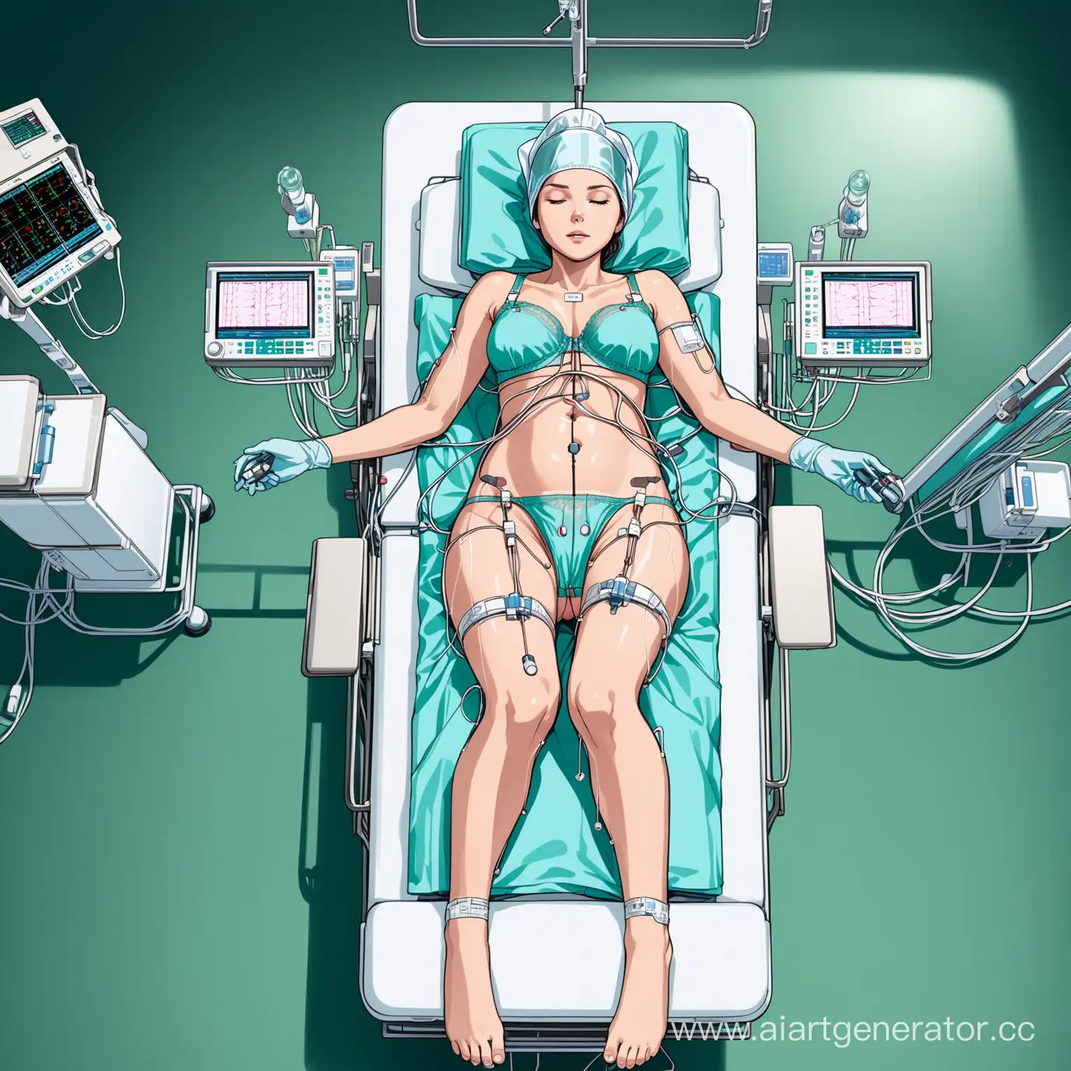 legs spread apart,operating room, exam chair,female patient,bra and panties,surgery prep,wearing EKG electrodes on her chest,laying in intensive care,wearing medical equipment,urinary tubes,top view,full body view