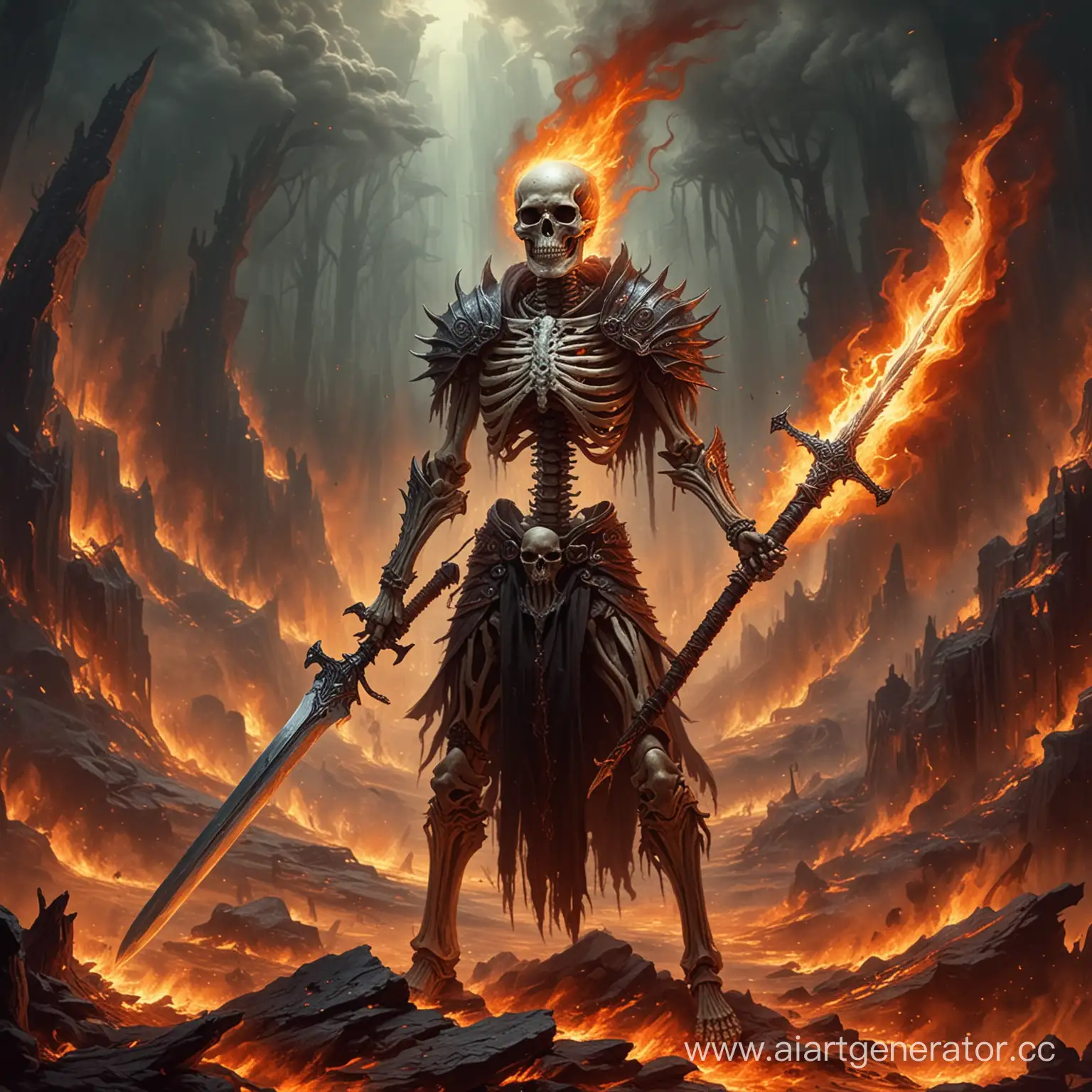 Скелет с огненным мечом в аду