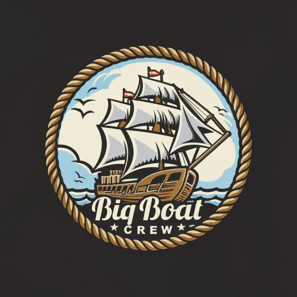 a logo design,with the text 'Big Boat Crew', main symbol:Large Galleon Ship in a round logo,complex,be used in Sports Fitness industry,clear background, light blue and white in the logo