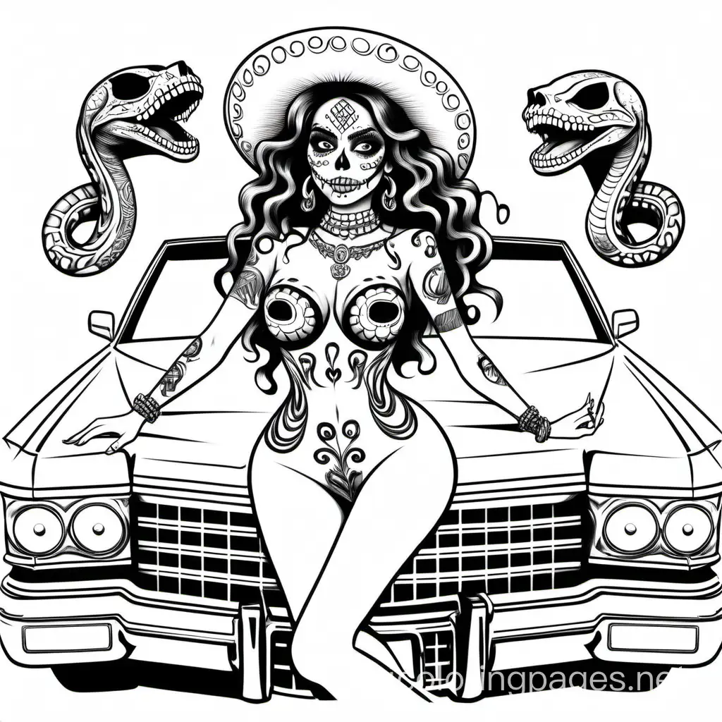 Coloring page of a sexy sugar skull woman on a Cadillac deville with snakes, Coloring Page, black and white, line art, white background, Simplicity, Ample White Space. The background of the coloring page is plain white to make it easy for young children to color within the lines. The outlines of all the subjects are easy to distinguish, making it simple for kids to color without too much difficulty