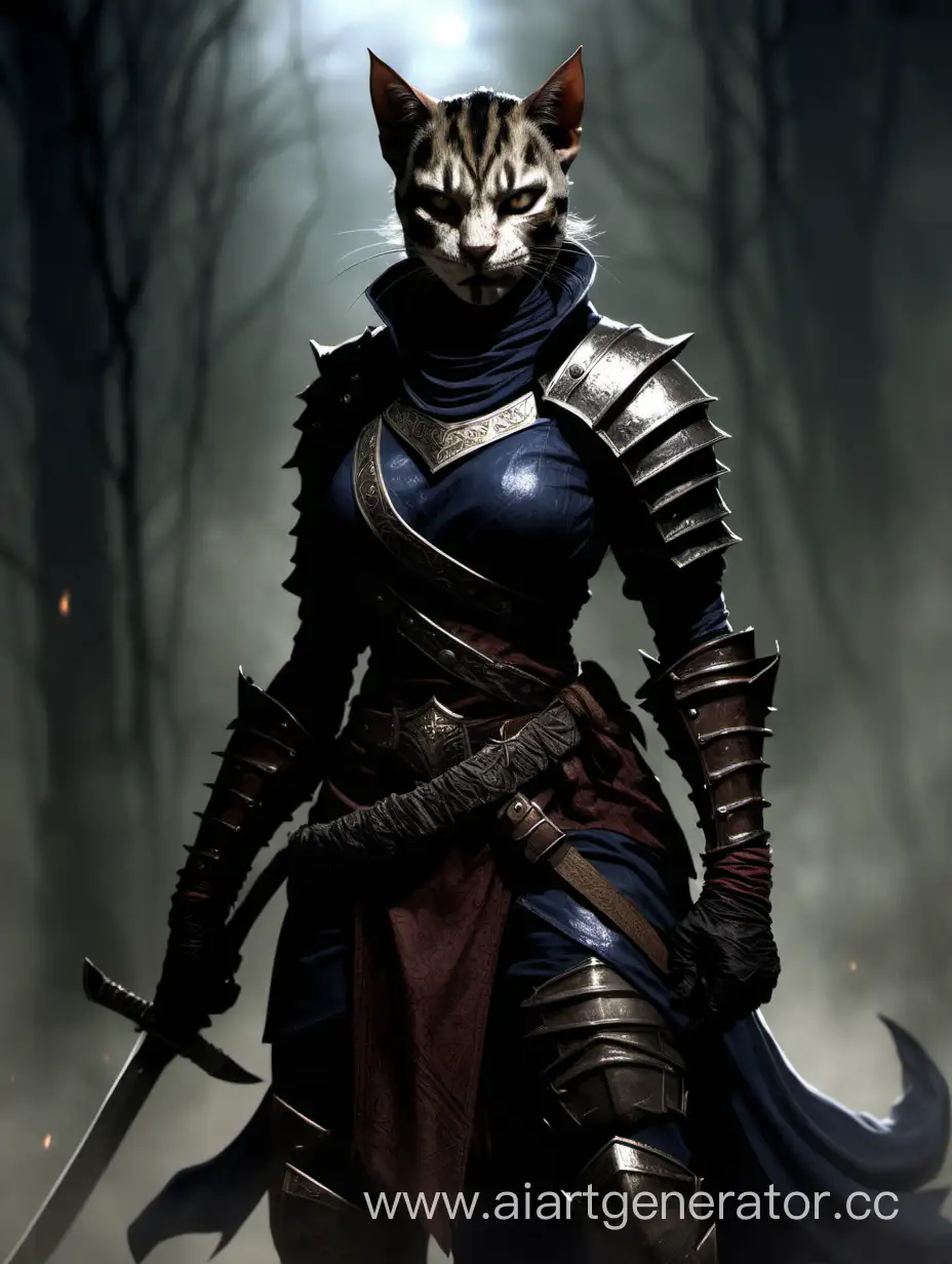 Khajiit female, a dark-knight, noble, good with machetes. 