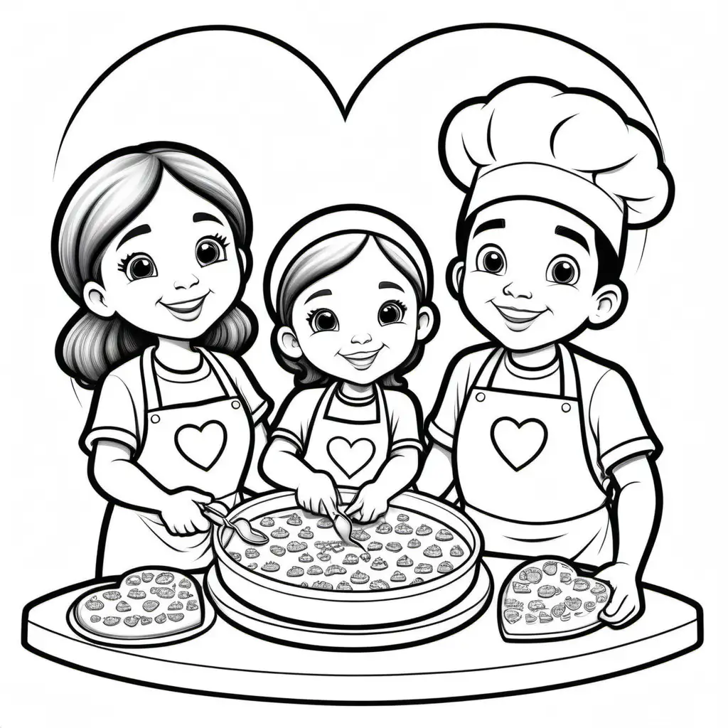 Baking with Love: A scene of children and cute characters baking heart-shaped goodies.  Include black and hispanic children. for a coloring book with crisp lines and white background. Make it an easy-to-color design for children. --ar 17:22--model raw