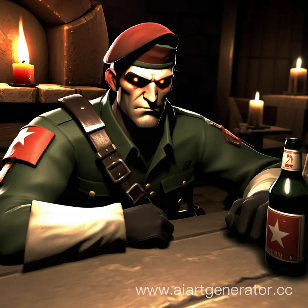Team fortress 2, soldier team fortress 2, A beautiful soldier, shield, dark green clothes, night, sitting in a tavern, holding a filled glass, reddened eyes drunken look, glass, bottles on the table candles, grenades on a belt, on his head, a beautiful face, soldier, soldier tf2, soldier team fortress 2, 