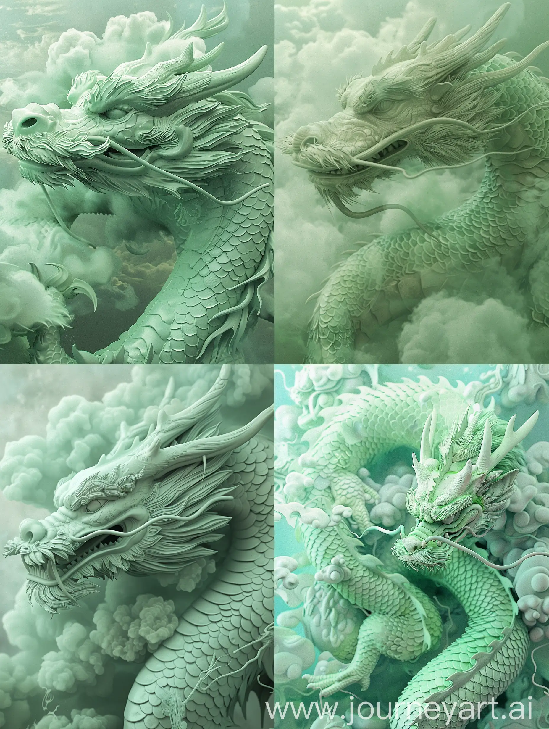 asian dragon in light green with clouds surrounding it, in the style of illusory hyperrealism, inventive character designs, peter gric, close up, todd mcfarlane, monochromatic palettes, 3d