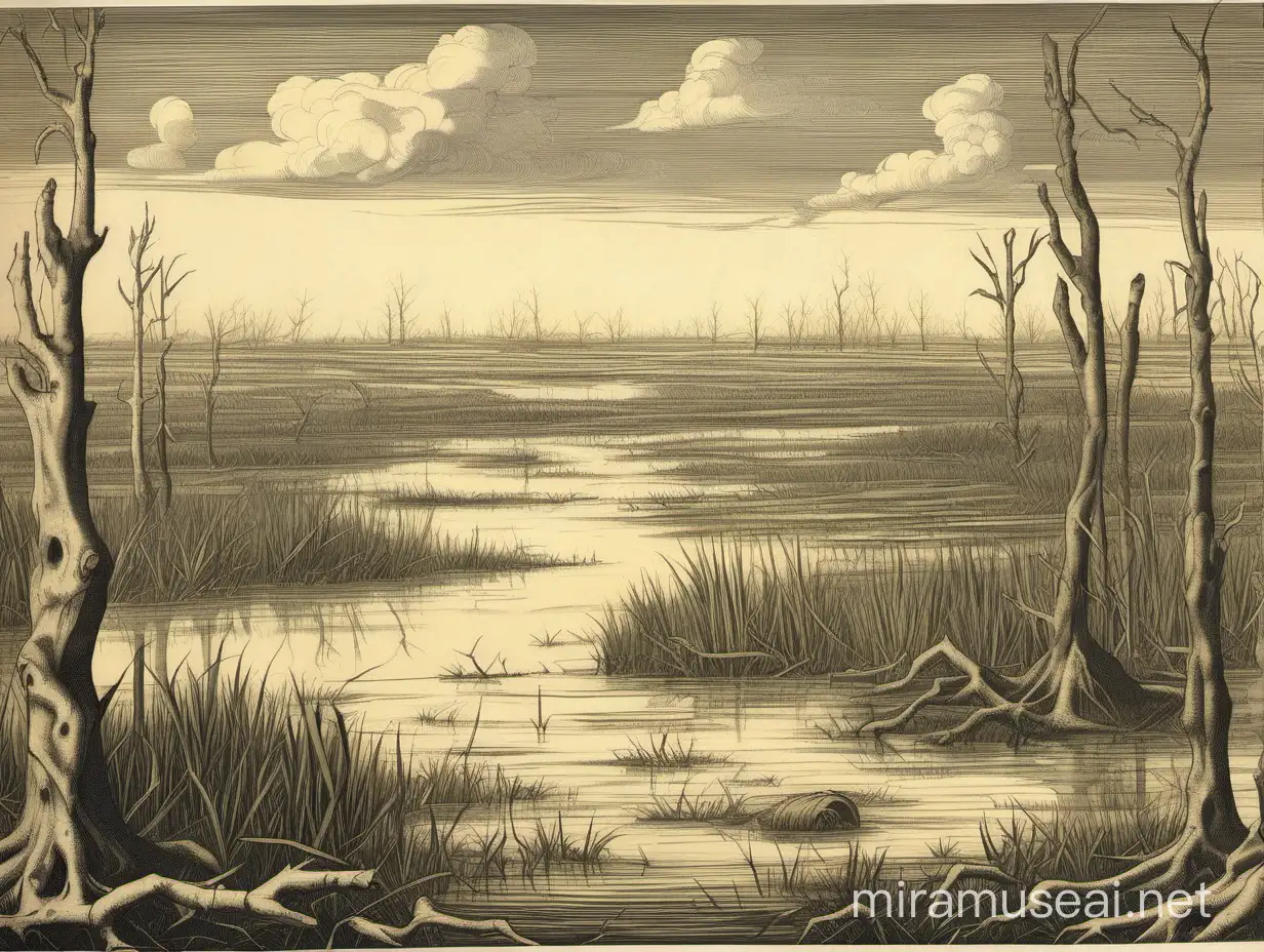 Swampy Landscape with Vintage Lithography