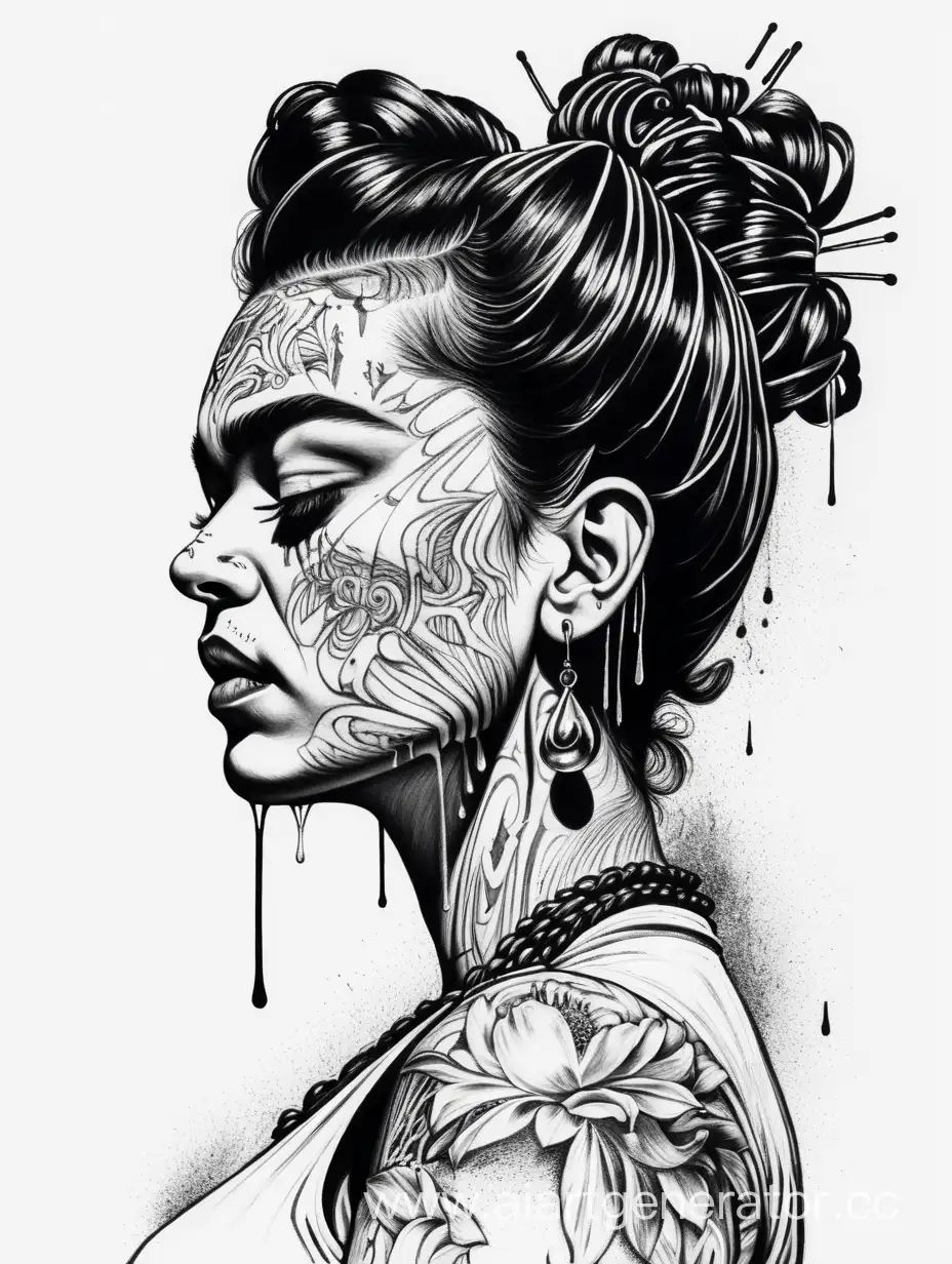 frida three quarter profile, explosive drawing lineart, tattoo design, dripping chaotic shadows, explosive black ink, pedro paul rubens, dark style, white neon lines, monochromatic, white background