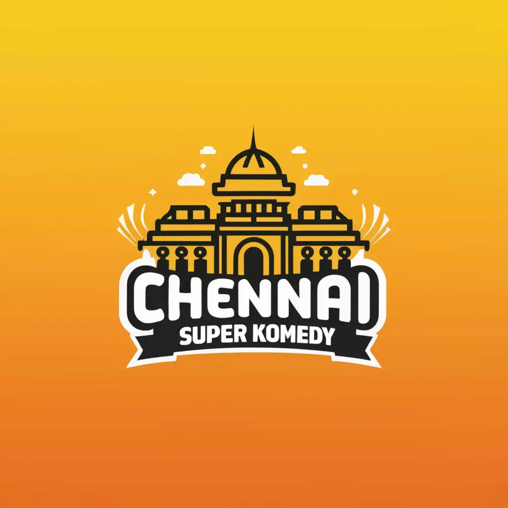 a logo design,with the text "Chennai Super Komedy", main symbol:Central railway station with Yellow background,Minimalistic,be used in Internet industry,clear background