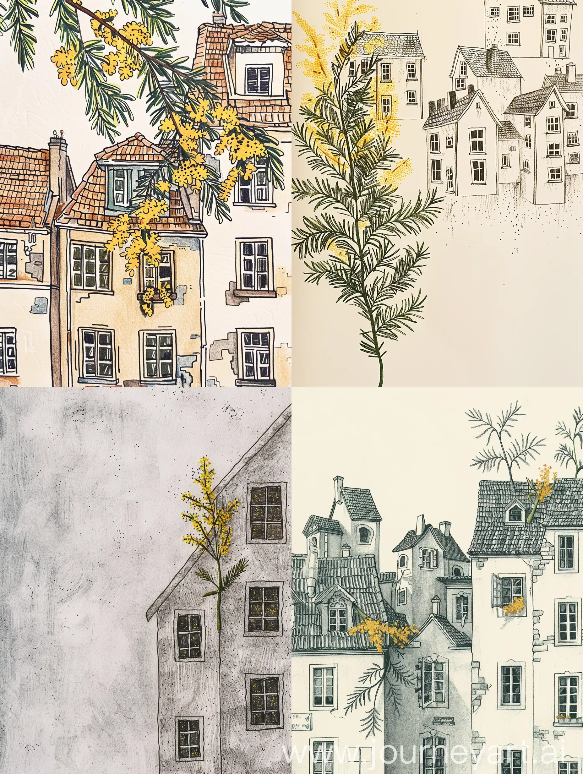 disegna delle casette in miniatura, dalle finestrelle esce un ramoscello di mimossa