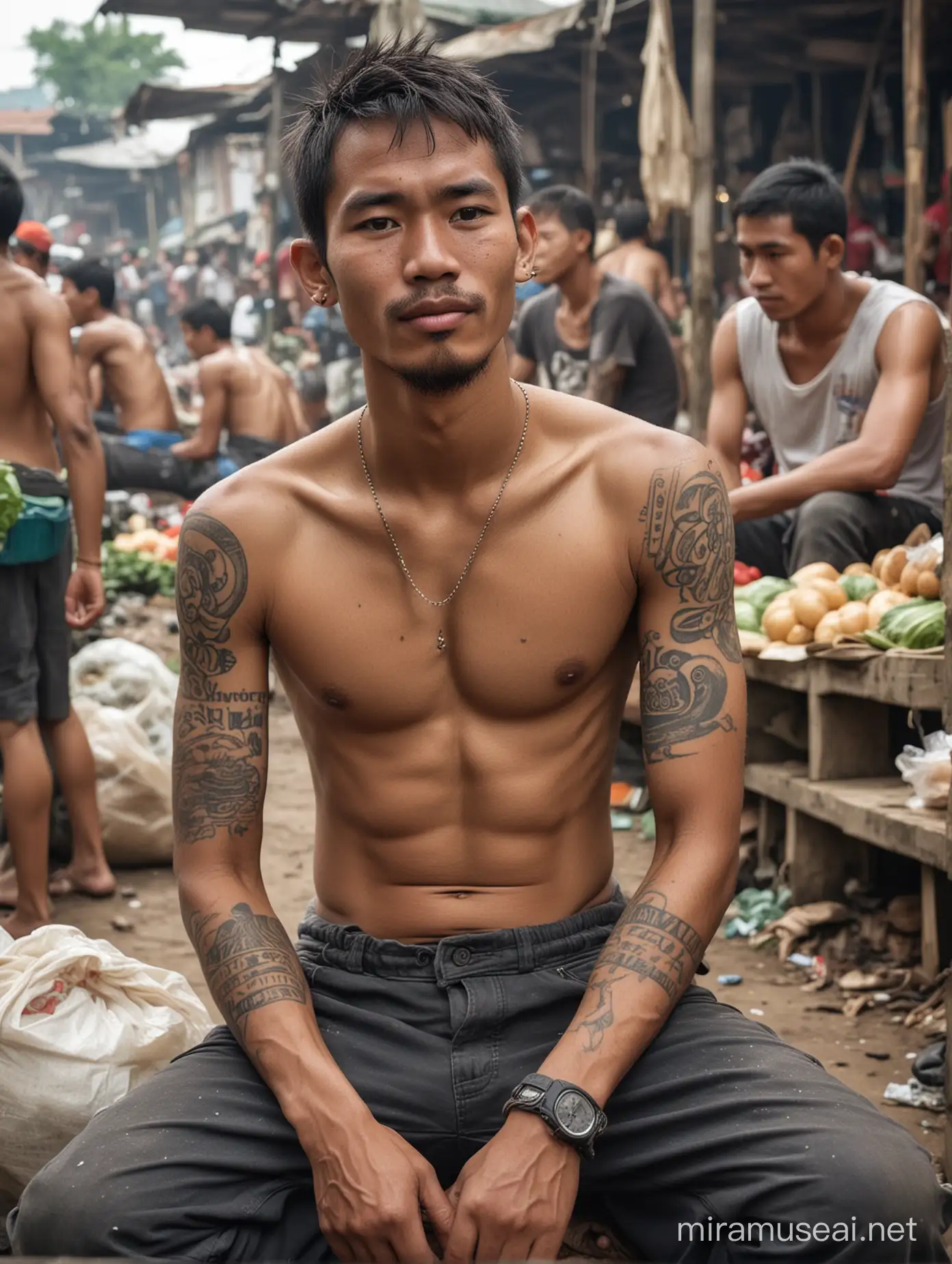 Shirtless Indonesian Young Man with Tattoo in Busy Market Scene