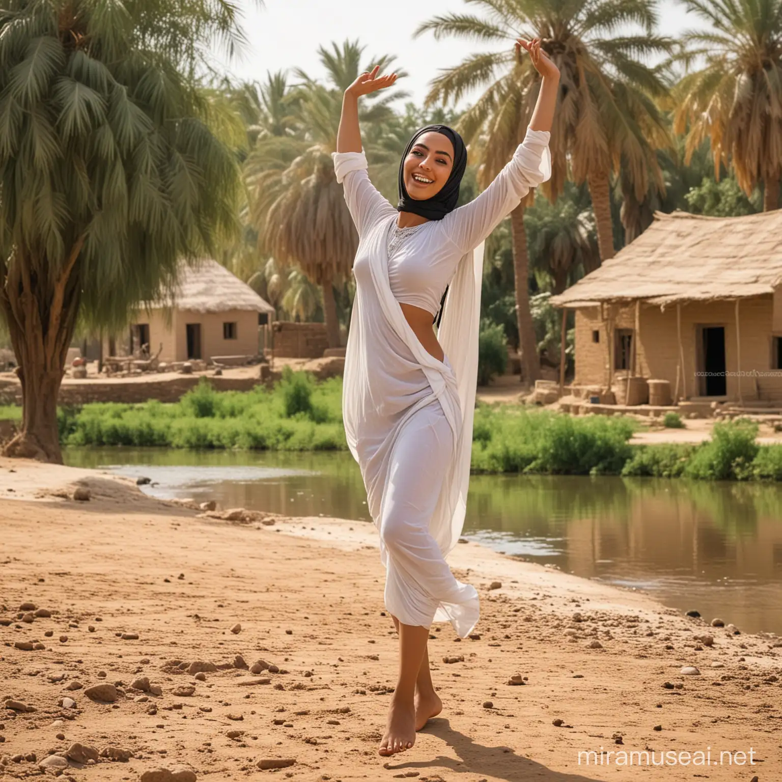 Egyptian hijab woman dancing nude in front of her village house near river trees and farm fields
