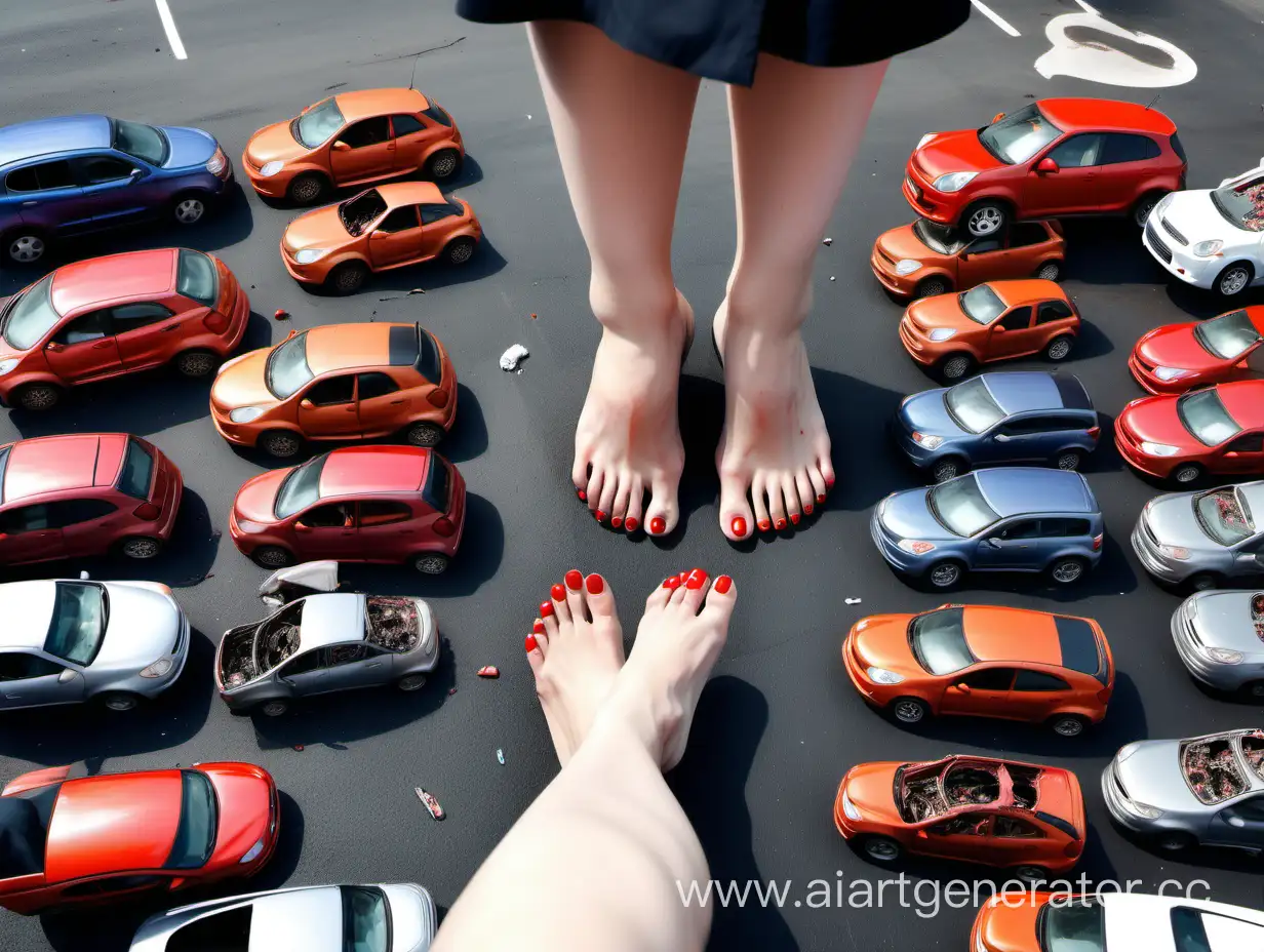 Gigantic-Womans-Feet-Crushing-Tiny-Cars-in-Busy-Parking-Lot