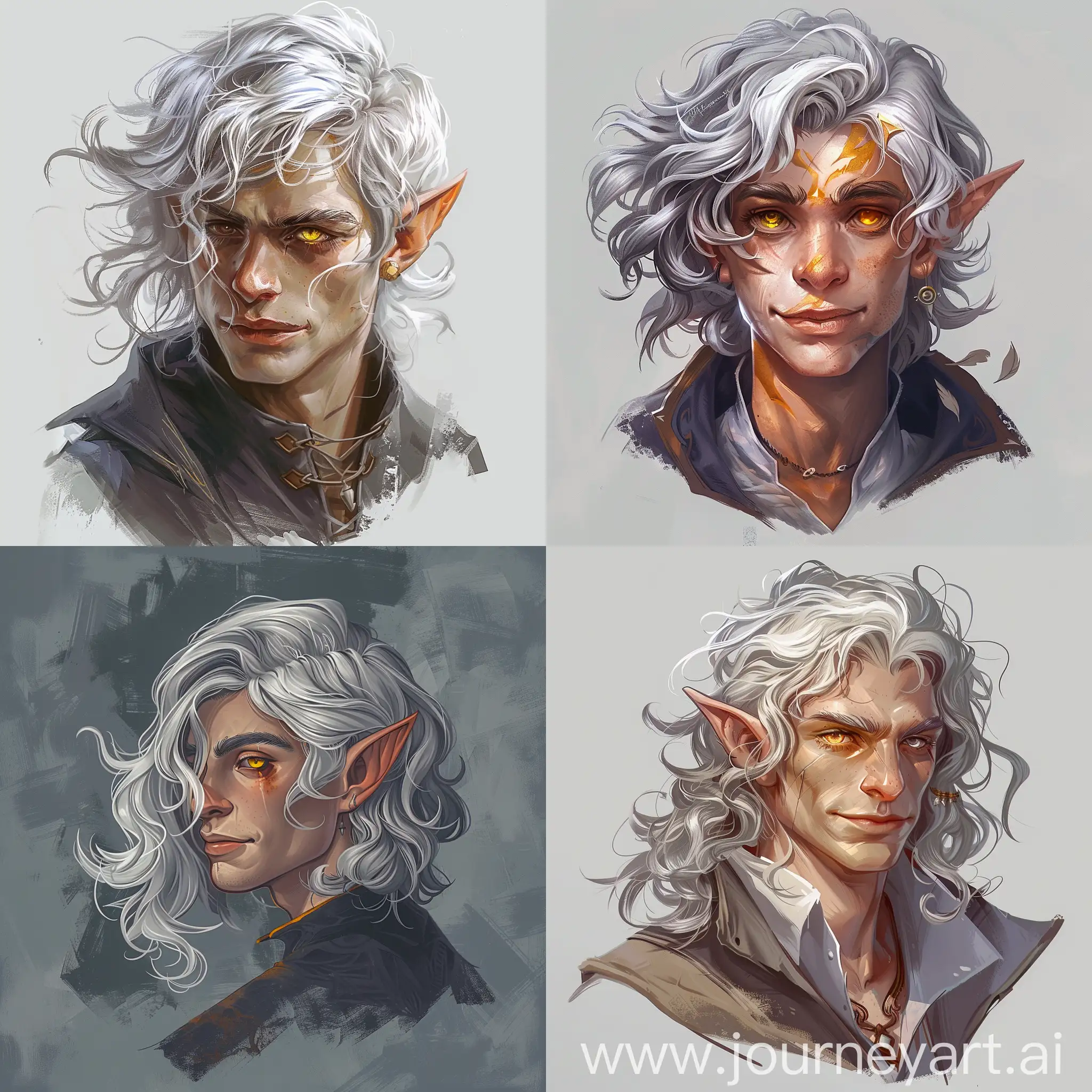 Generate a portrait of a fantasy half elf, who is a Bard from dungeons and dragons, focusing on a bust shot to highlight the upper body. The bard is youthful,  wavy silver hair. He has one gold eye and one silver eye. Depict the half elf as charming and handsome. Infuse the portrait with character and detail, capturing the essence of a charismatic fantasy figure.