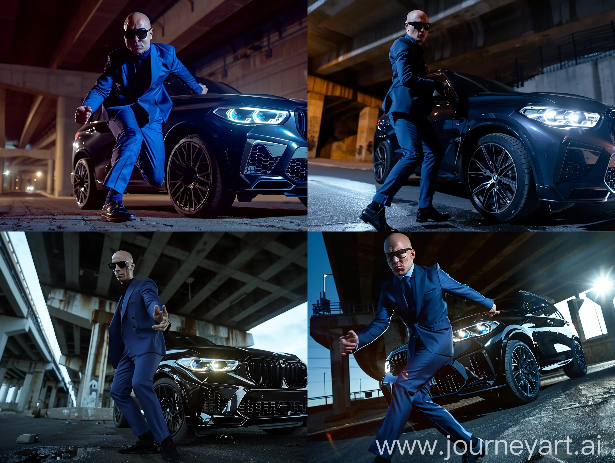 Молодой лысый мужчина, тёмные очки, синий костюм, туфли, танцует, вечер, чёрный BMW x5m,свет фар, действие происходит под мостом, реализм