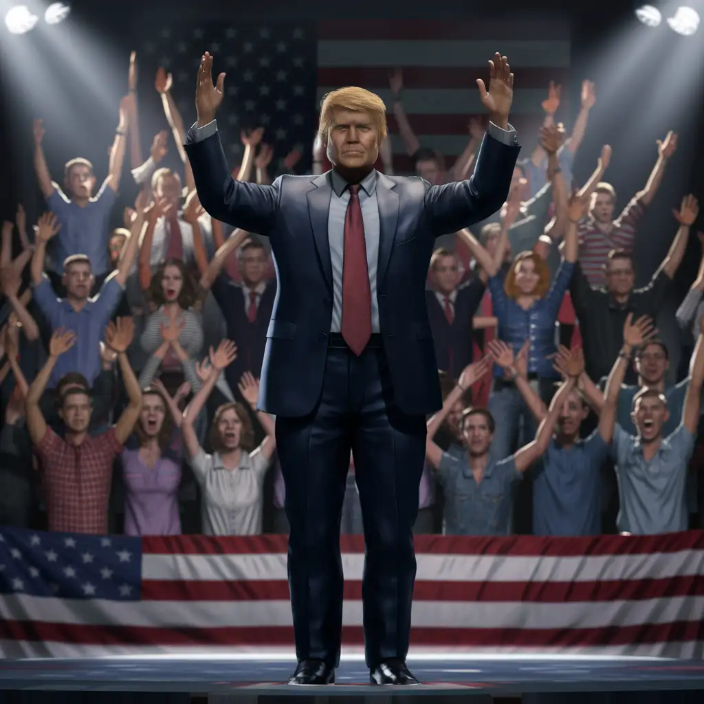 Generate an ultra-realistic and highly detailed image of Donald Trump standing on a stage at a rally, surrounded by a diverse group of supporters cheering in the background. Capture the essence of the event with intricate textures, lifelike expressions, and dynamic poses that convey the atmosphere of a vibrant political gathering. Bring out the individual characteristics of both Trump and the crowd to create a compelling visual representation of a passionate and energetic rally scene.
