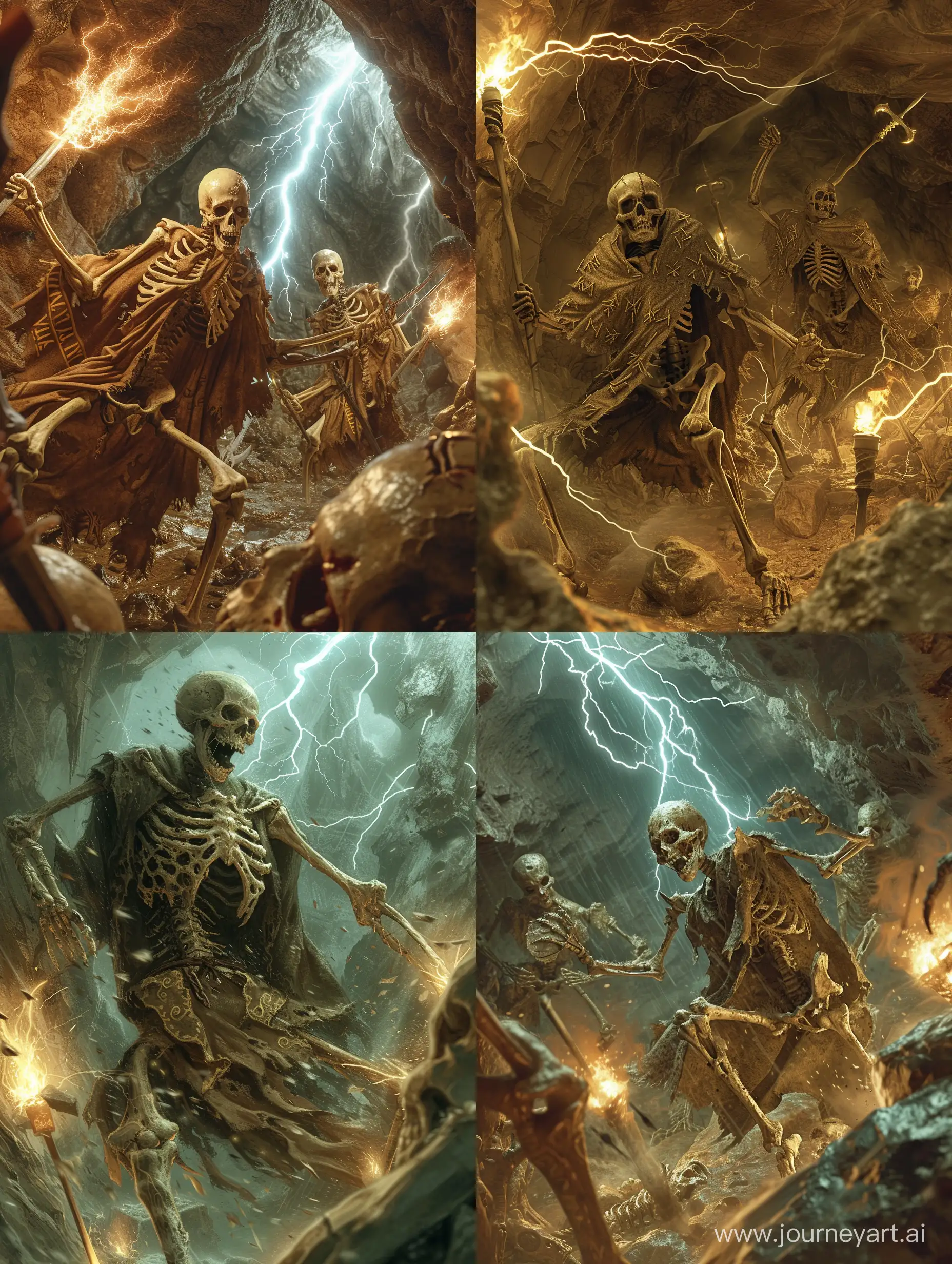 Living skeletons with torn robe,in a cave-like place underground,bone 
Lightning weapons,runic script,attacking,Angry,torches that give light to the environment,intricate,incredible detail,terrifying,Digital Art,Imaginary image,fantasy.