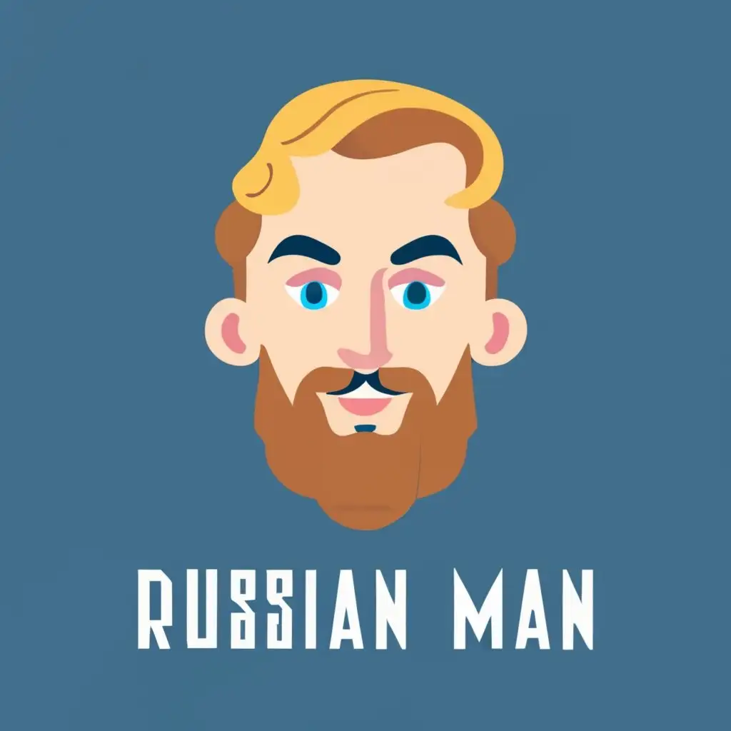 logo, TRUE RUSSIAN MAN blue-eyed blond, with the text "RUSSIAN MAN", typography