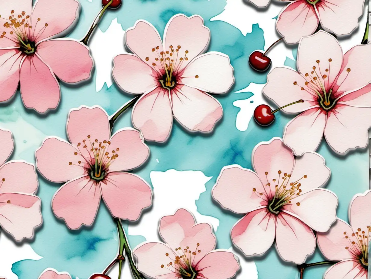 Pastel Watercolor Cherry Blossoms Clipart on White Background Andy Warhol Inspired