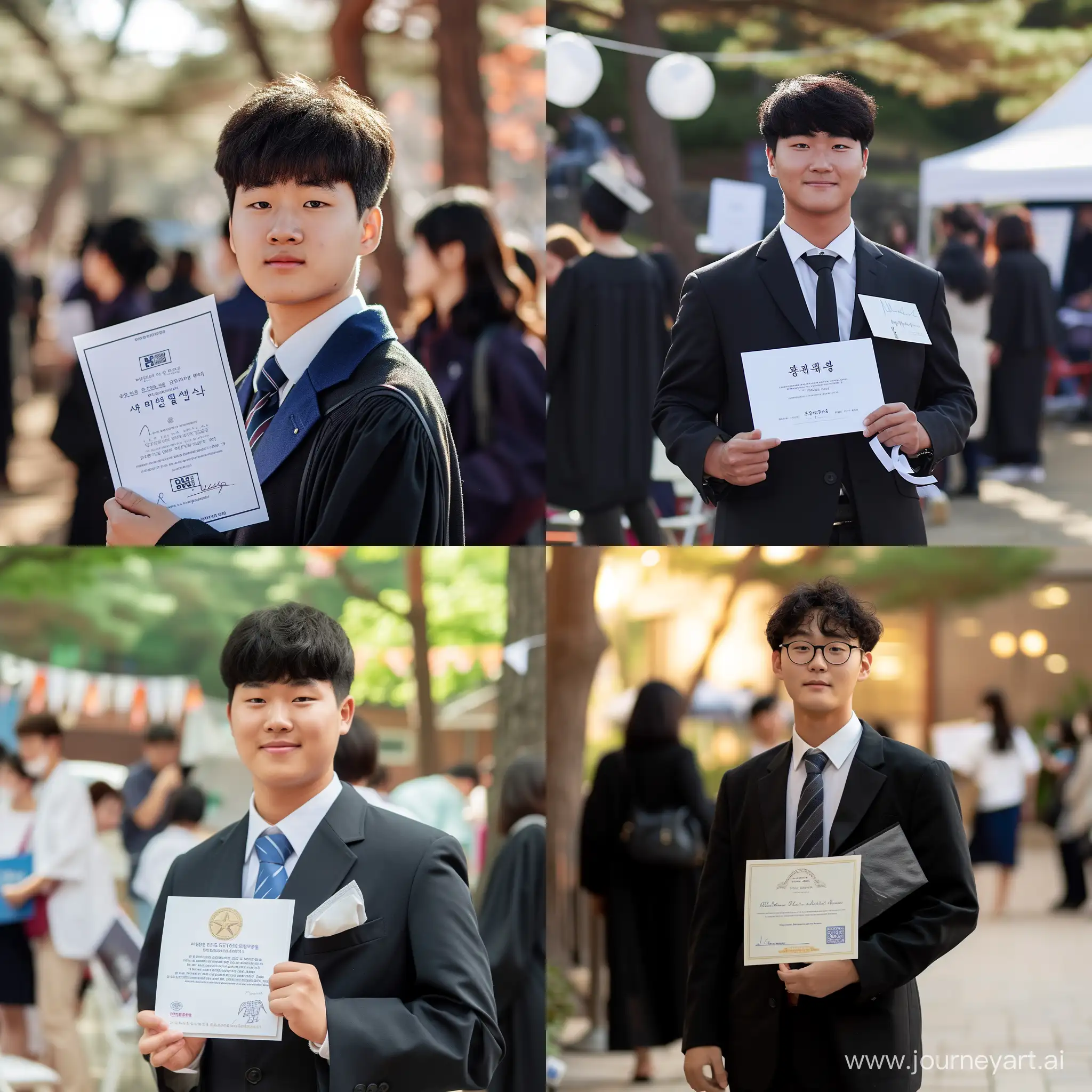 Graduation of a male Korean highschooler, standing with certificate in his hand