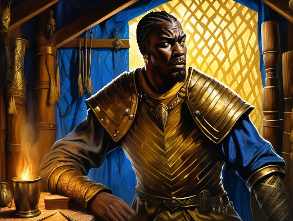 angry black man, long thick flowing cornrows, short goatee, golden earrings, brown yellow segmented armor, wooden hunting cabin interior, night, blue light, Medieval fantasy painting, MtG art