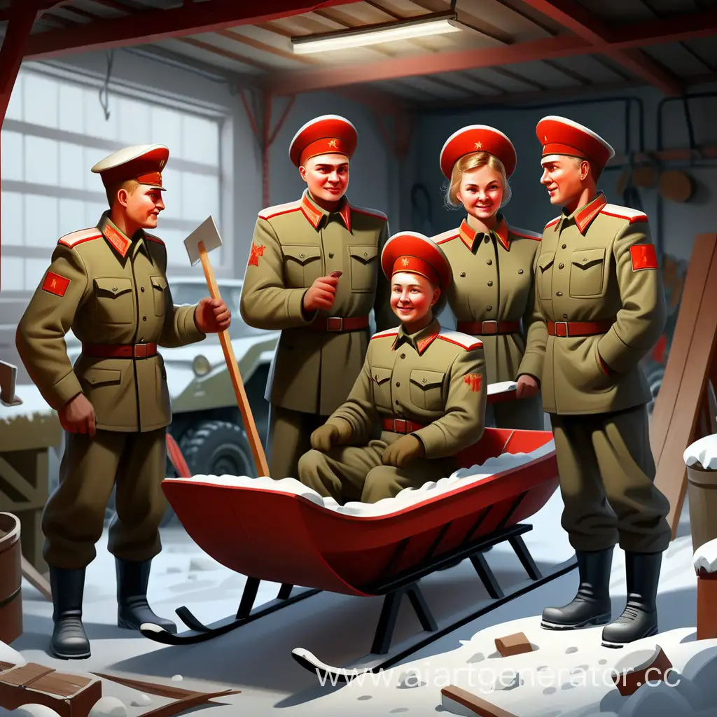 нарисуй плакат как в советском союзе : русские люди в гараже в военной форме, чинять санки и этим выигрывают войну 