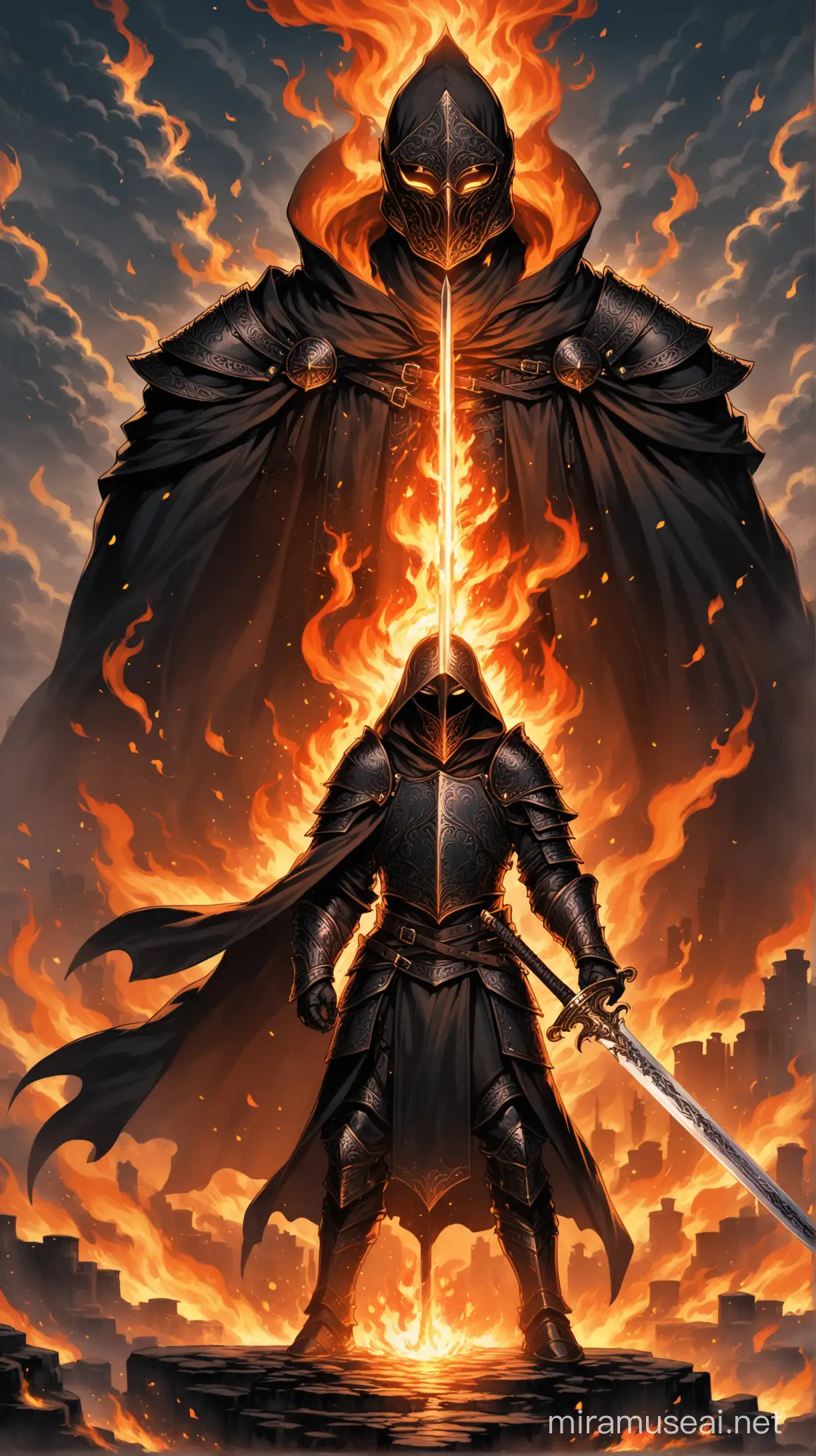 A warrior. He wears all black leather armor. He has a black cape and a hood over his head. He wears a black leather mask over his face. He holds an ornate long sword. Their is fire all around him. Smoke stacks rising into the sky 