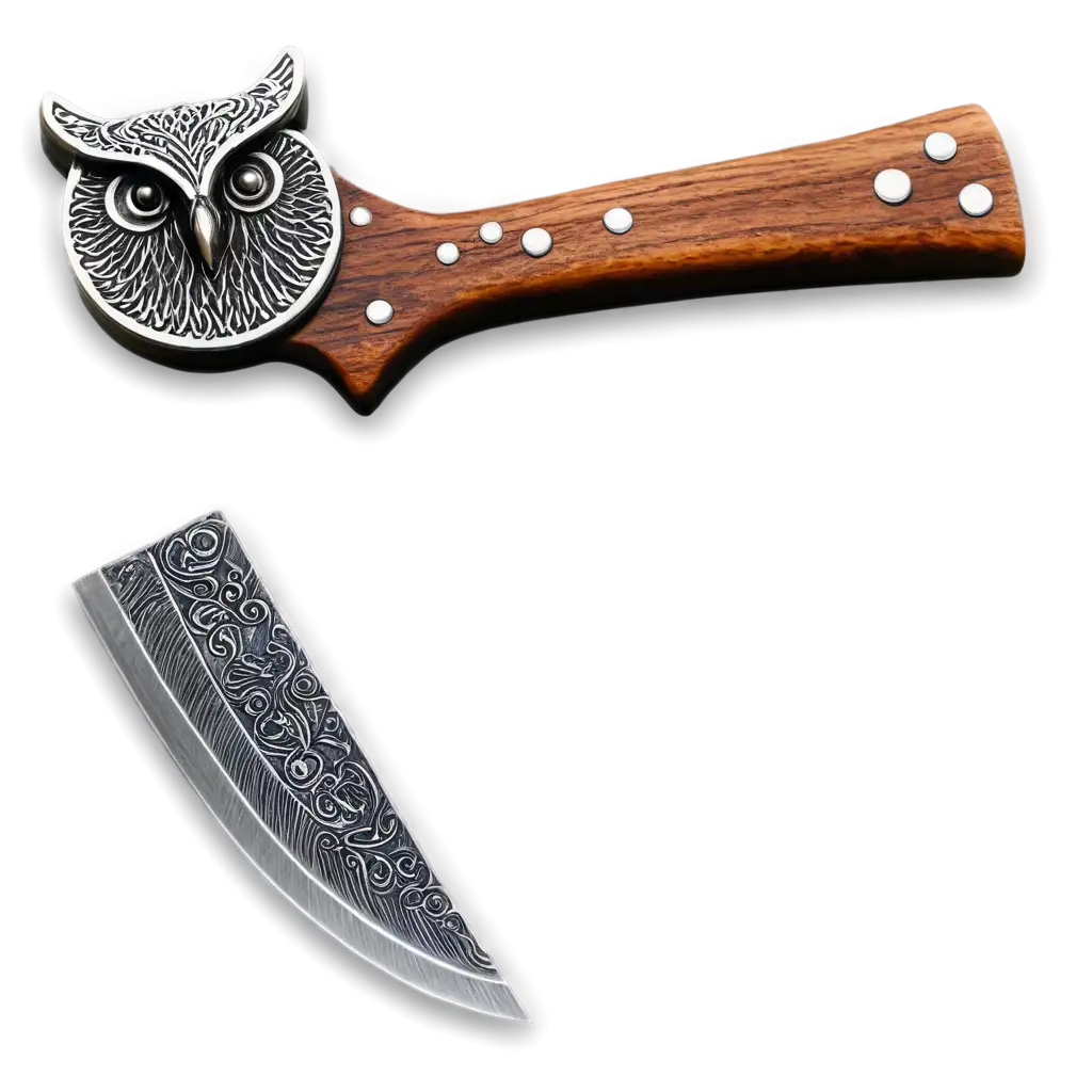 Ulu knife wood handle
Damascus blade
With owl logo
