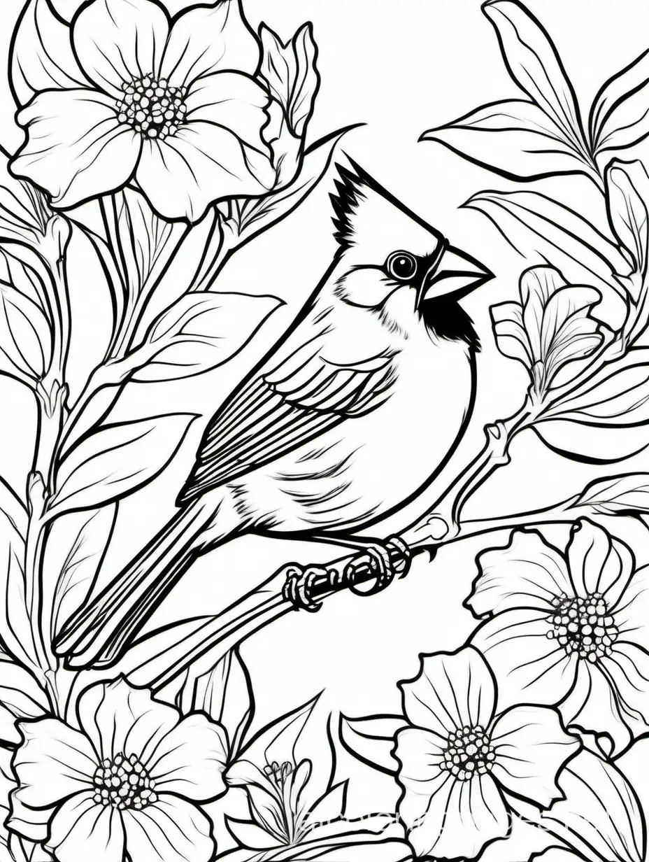 Cardinal in flowers for adults for women, Coloring Page, black and white, line art, white background, Simplicity, Ample White Space. The background of the coloring page is plain white to make it easy for young children to color within the lines. The outlines of all the subjects are easy to distinguish, making it simple for kids to color without too much difficulty