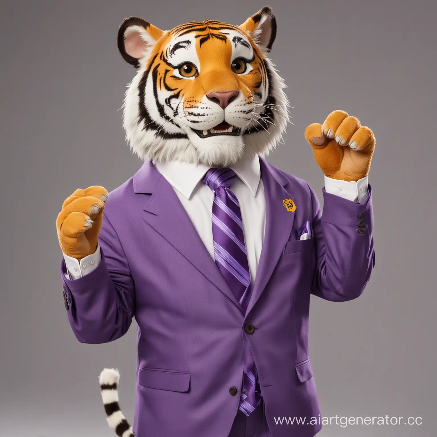 Тигр, который является представителем банка. В полный рост. На нем фиолетовый галстук, он улыбается, машет лапой