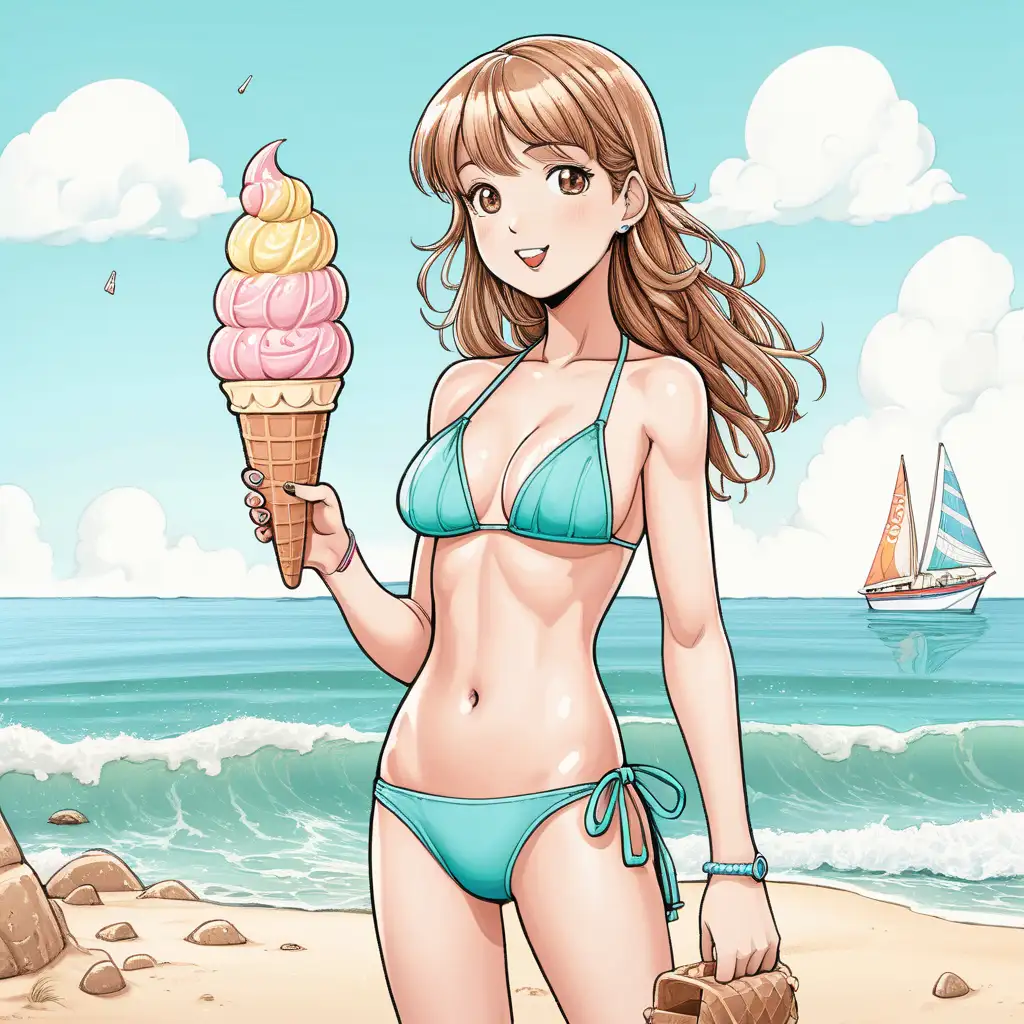 Girl Enjoying Ice Cream by the Sea in High Resolution Cartoon Style