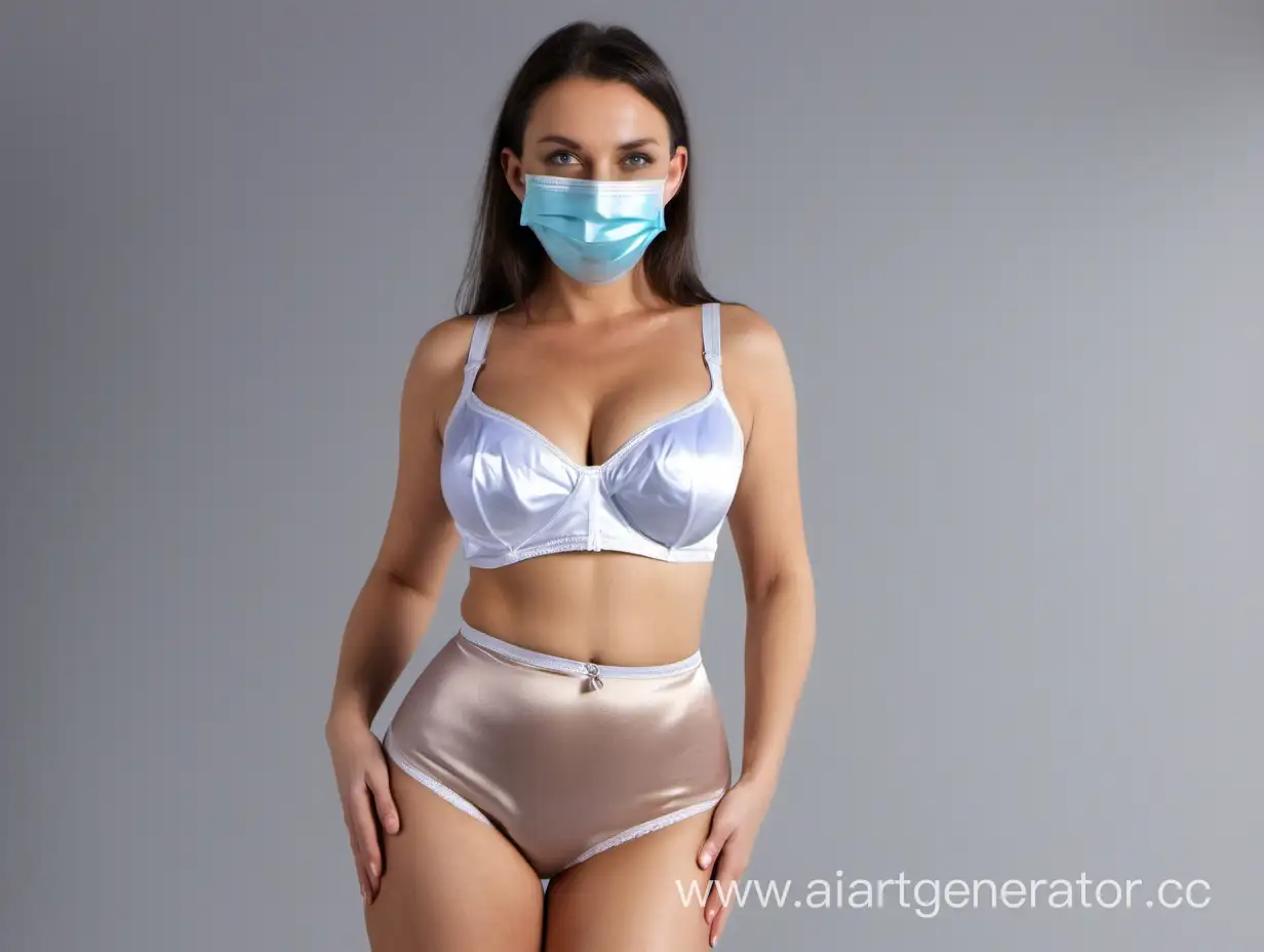 Australian woman, medical mask, satin brassiere, brief