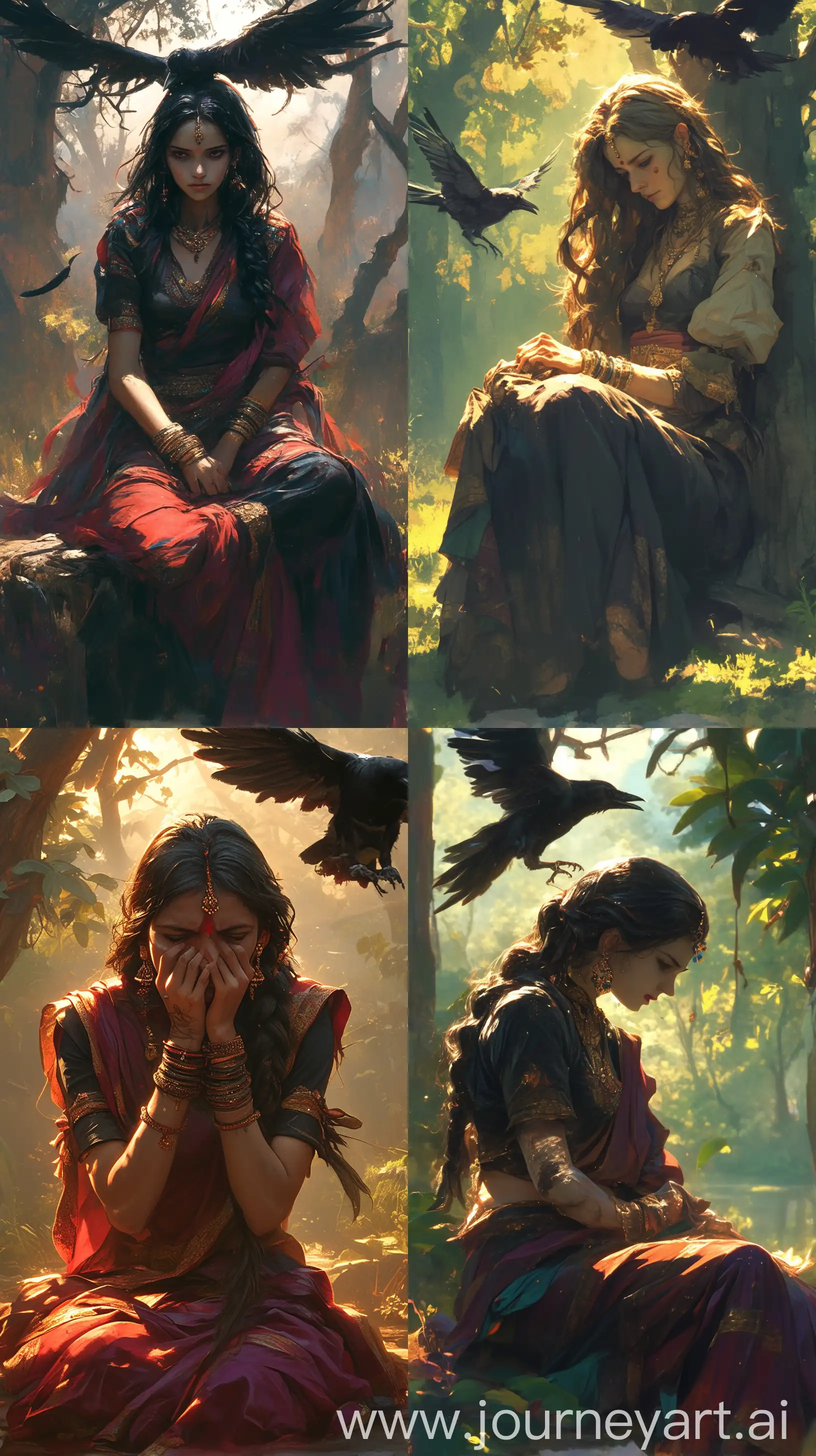 Ancient Indian woman, beauty, realistic, seated, expression of anguish and pain, crow flying over her head, intricate traditional attire, simple clothes, high-resolution image, serene forest background --ar 9:16 --s 300 --niji 6