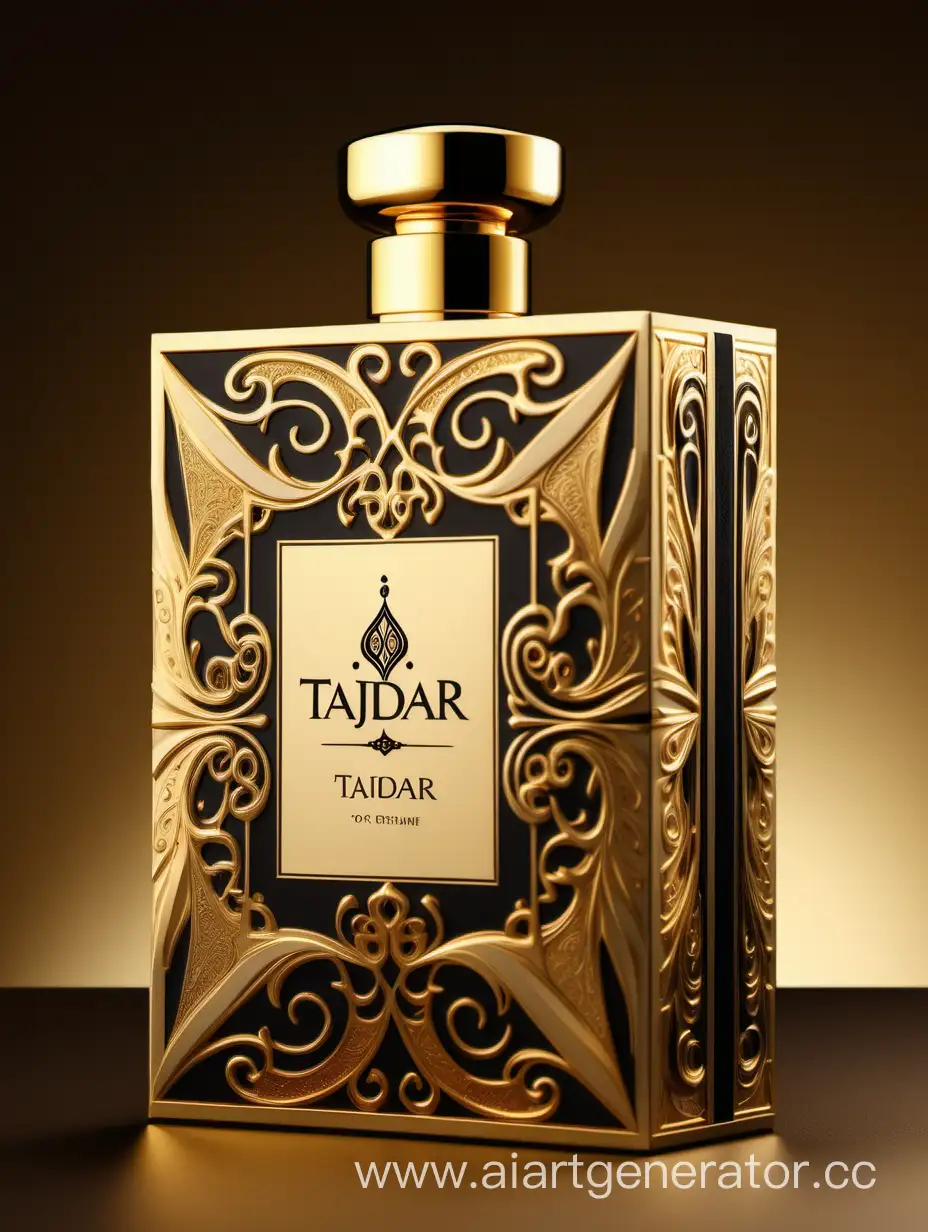 Box package design of perfume TAJDAR product, elegant, trending on artstation,   sharp focus,   studio photo,   intricate details,   highly detailed,   gold, Royal black and beige color on gold background