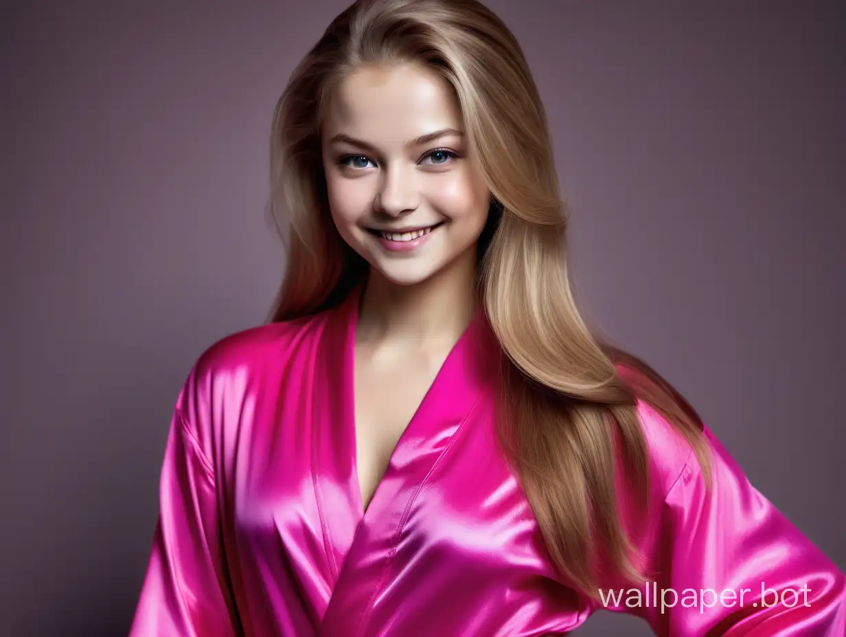 Sexy Yulia Lipnitskaya with long straight silky hair beautifully Smiling in luxurious Pink Fuchsia Silk Robe with décolletage