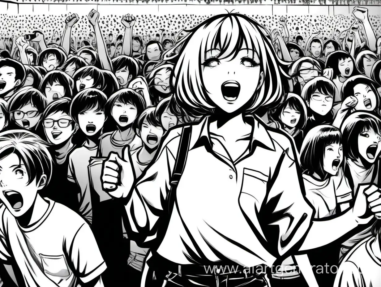 девушка с каре стоит на концерте в толпе и кричит в стиле черно-белой японской манги