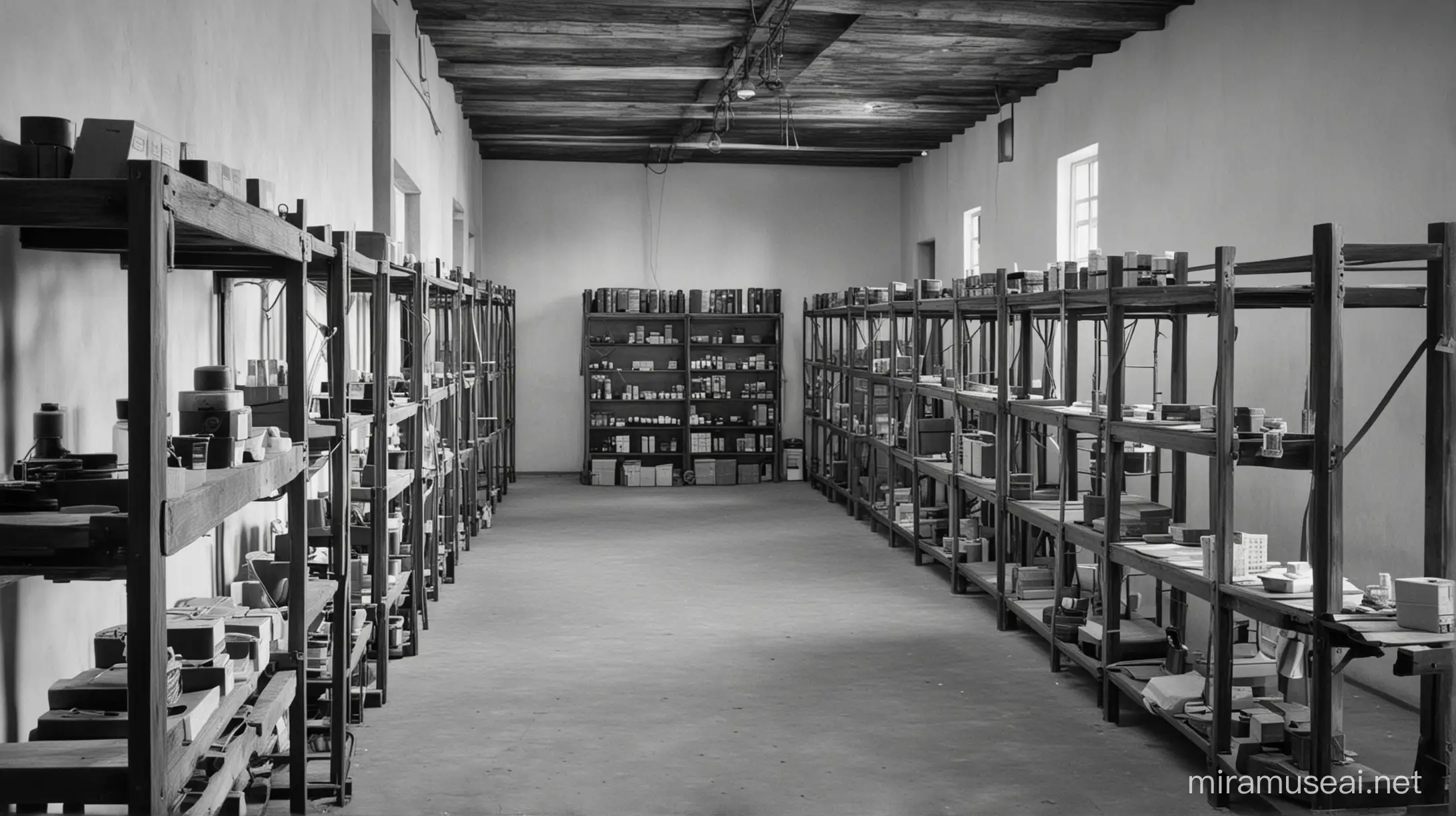 small wooden warehouse of medical equipment and medicin in nazi concentration camp 1943 black and white