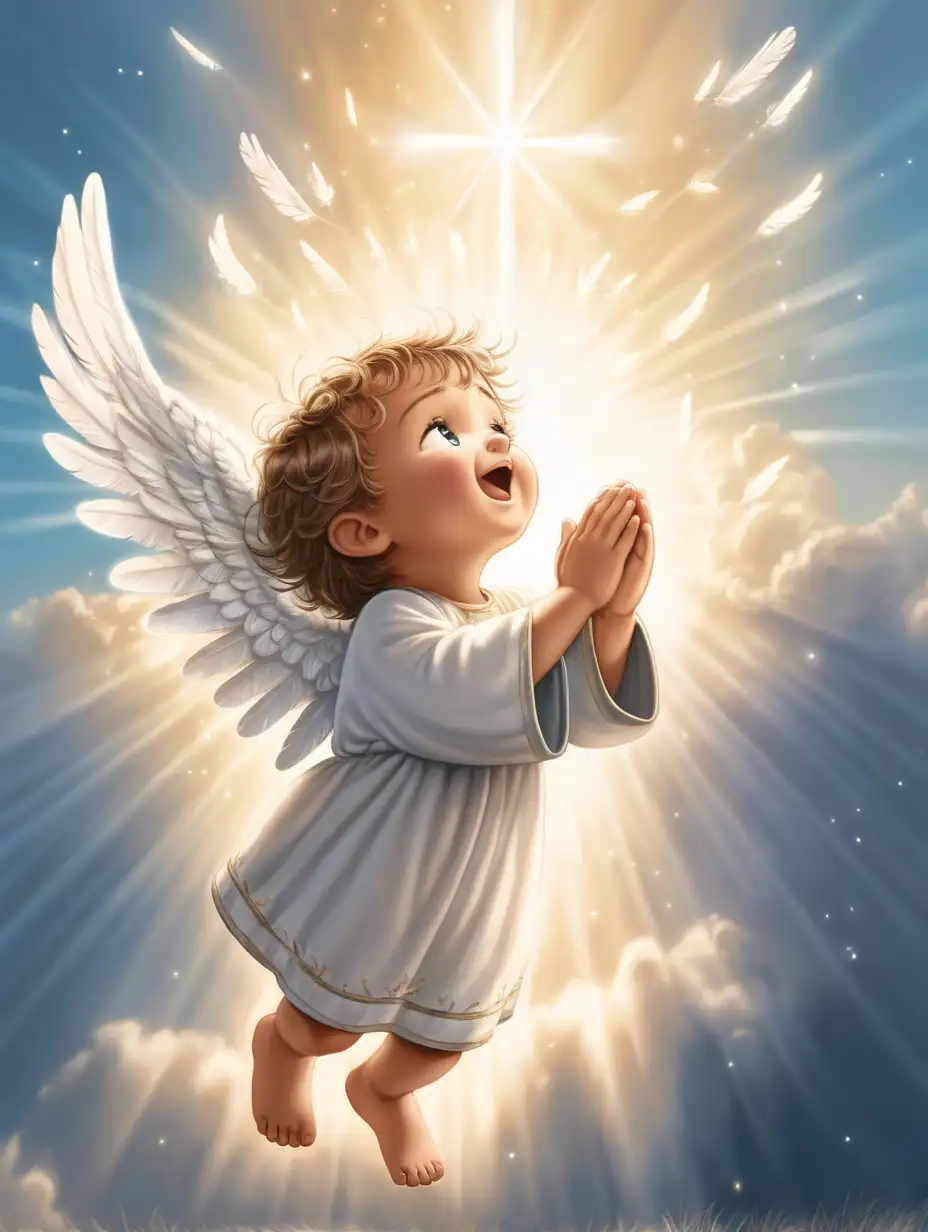 animación de un niño pequeo, orando al cielo,con rostro lleno de fé, baja un angel fuerte y alegre a ayudarle, del cielo caen bellas plumas de luces, no hay señal de cruz en la imagen