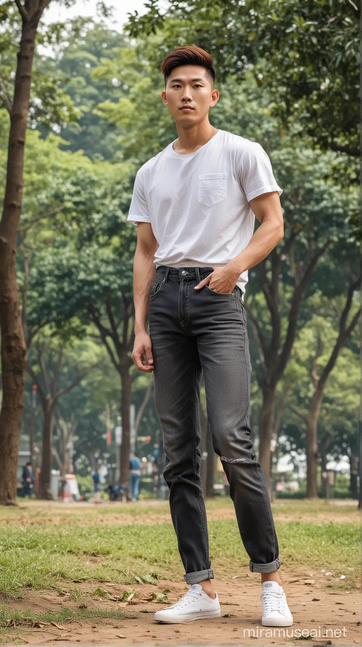 a beauty korean man. muscular. black buzz under cut hair. wearing white tshirt brown denim shirt, jeans, shoes. standing in Bandung city park. full body captured