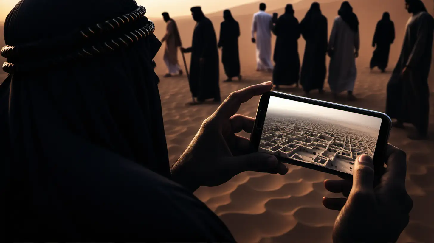 A dark landscape image of an ancient arab society deeply connected to islam, a mobile phone close up image


