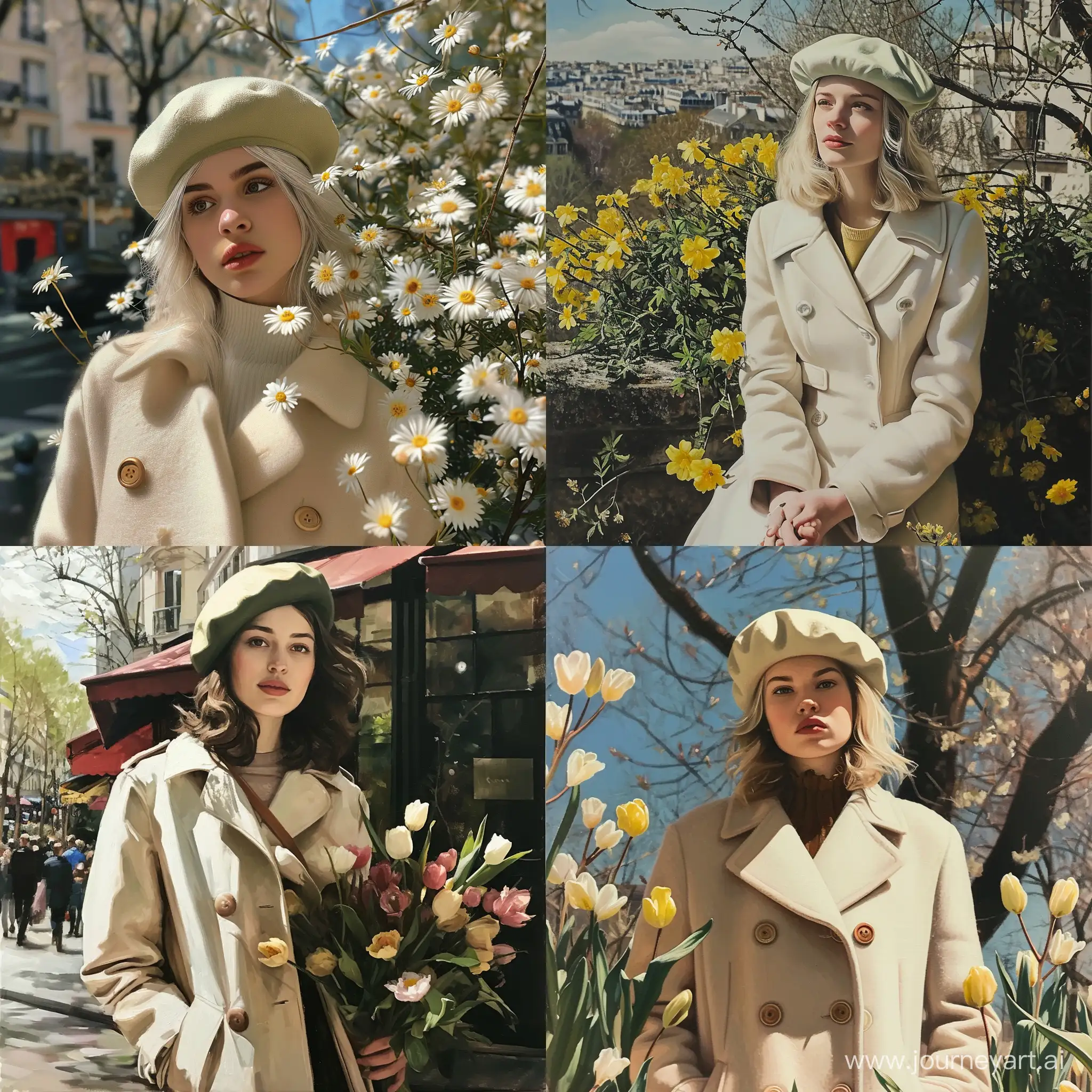 white woman, French woman, beret coat, flowers, Paris, spring, sunny day, Montmartre, full body, realism. v 6