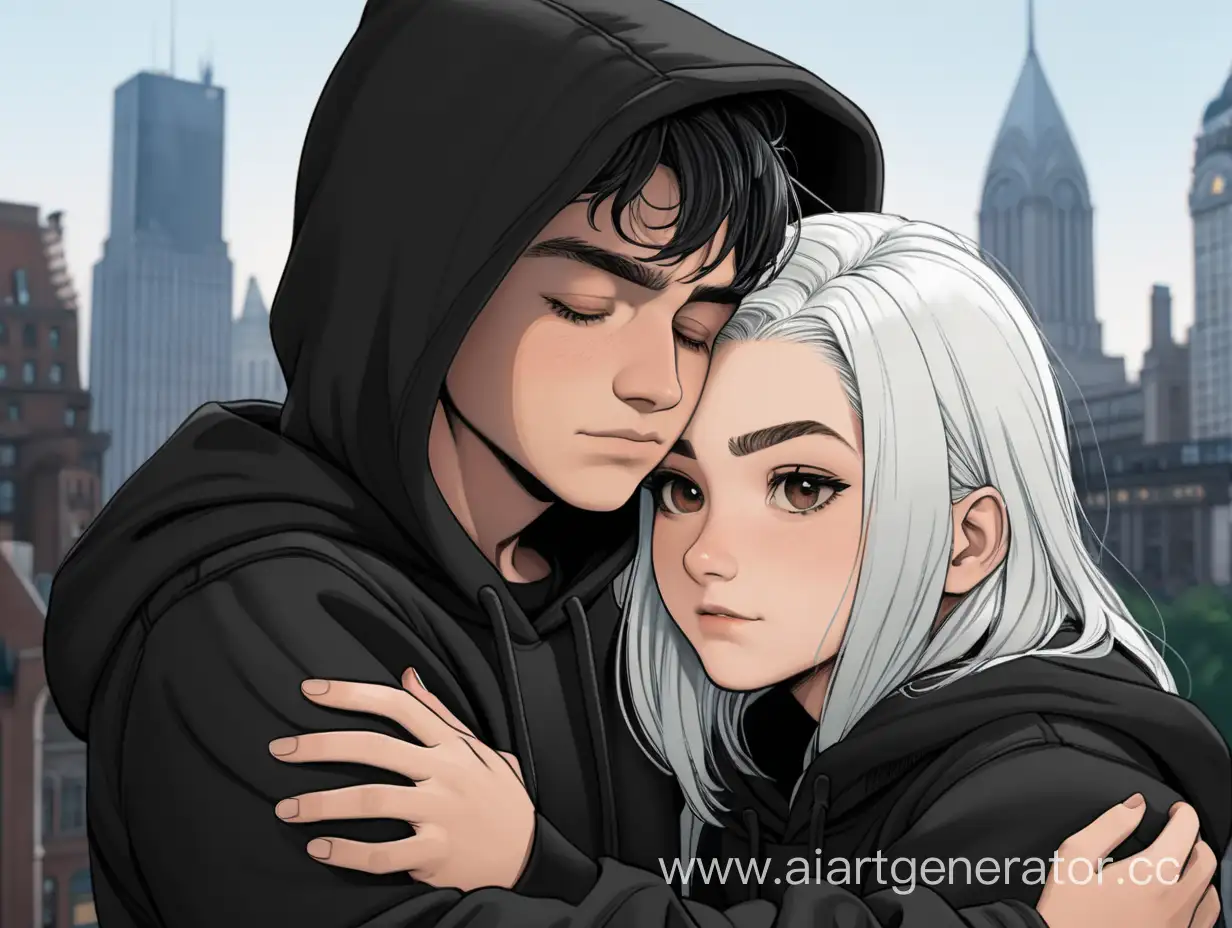 A white-haired girl in a black hoodie hugs a young black-haired guy, against the background of Gotham