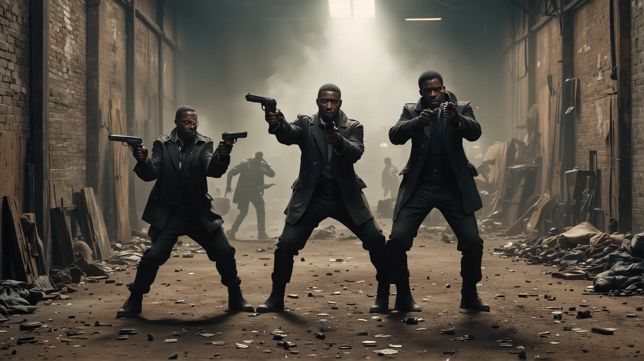 Generate a cinematic image of three black henchmen pointing guns at each other in a small old warehouse. there is a body on the ground and money scattered everywhere.