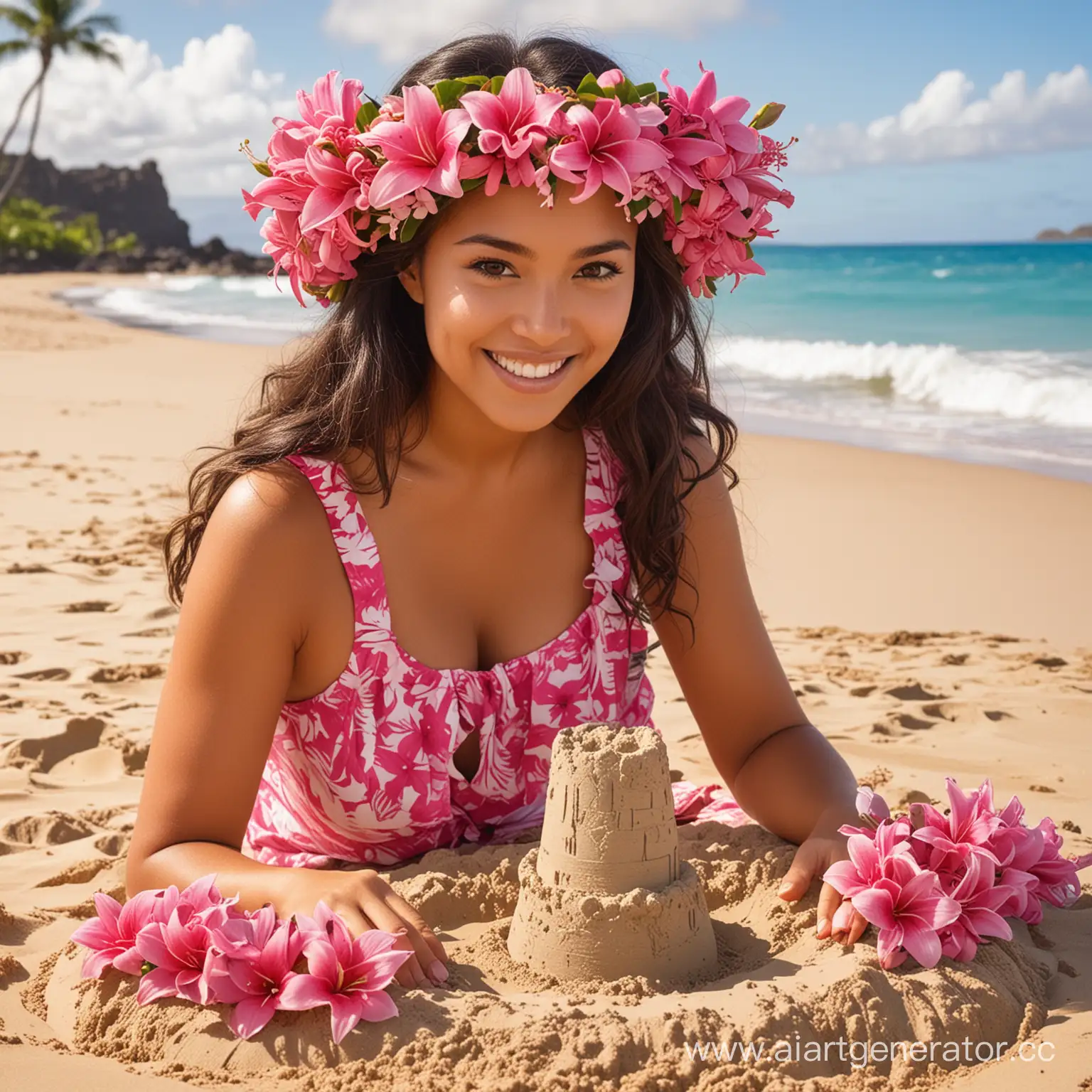 Hawaiian-Girl-Building-Exotic-Pink-Flower-Sand-Castle