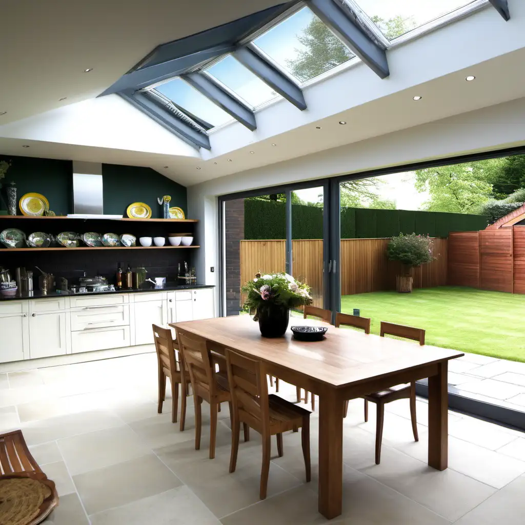 Contemporary Dining Room with Skylight and Bifold Doors